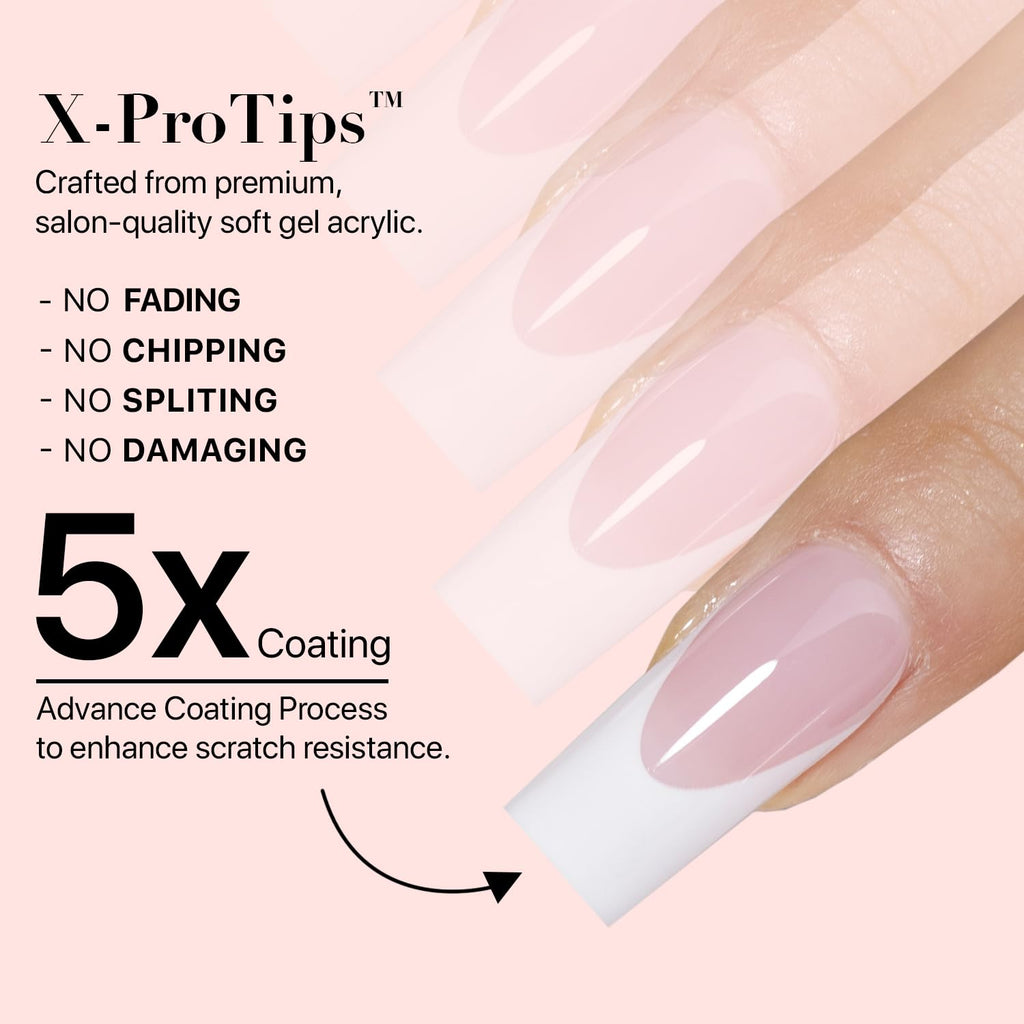 SXC French Tip Press-On Nails Pink — Medium Almond, 150 Pieces, Ultra Fit, Pre-applied Primer & Base Coat
