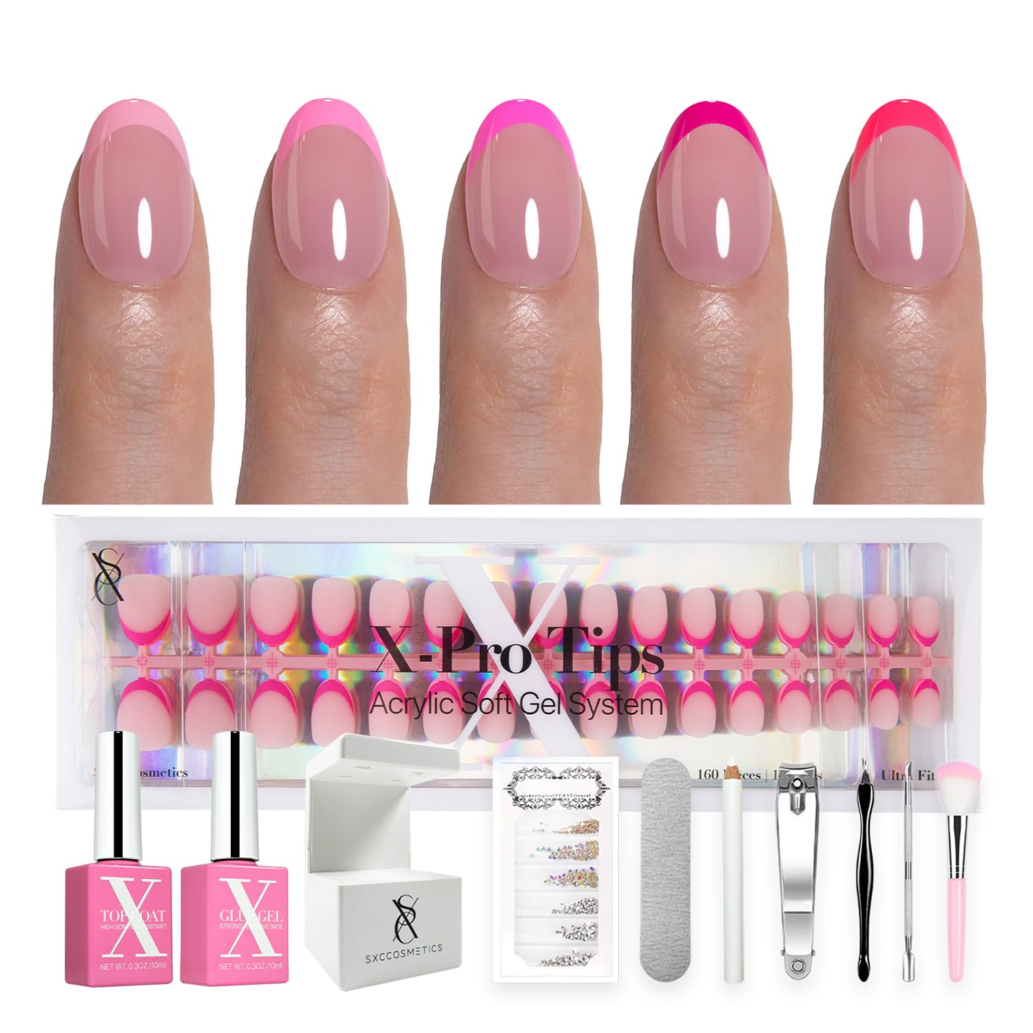 SXC X-Pro Tips French Tip Press-On Nails – Pink Edition PINK118KIT-XS Almond