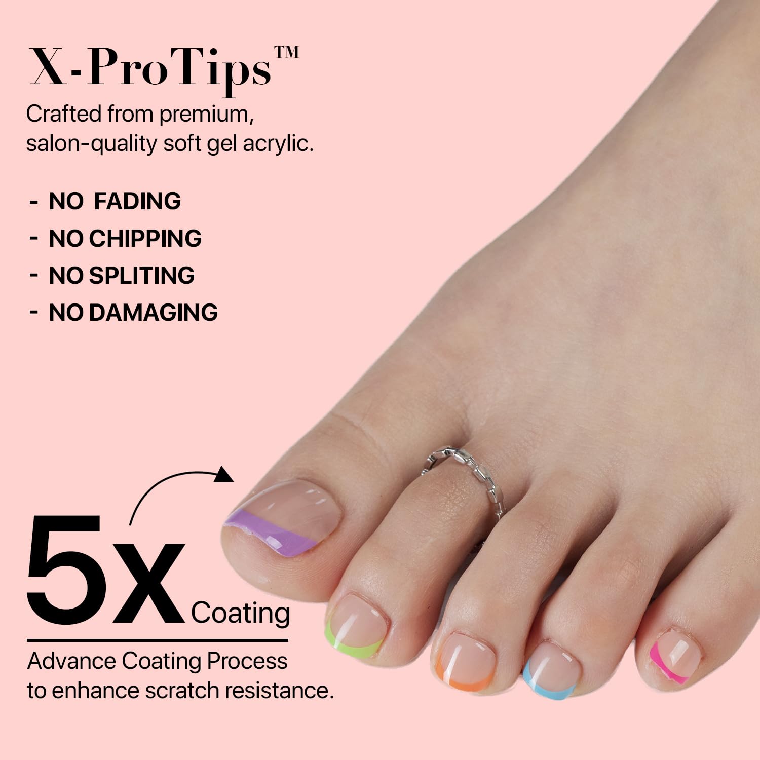 SXC Cosmetics X-Pro Tips French Tip Press-On Toenails – Short Pastel Glow (Soft Gel System)
