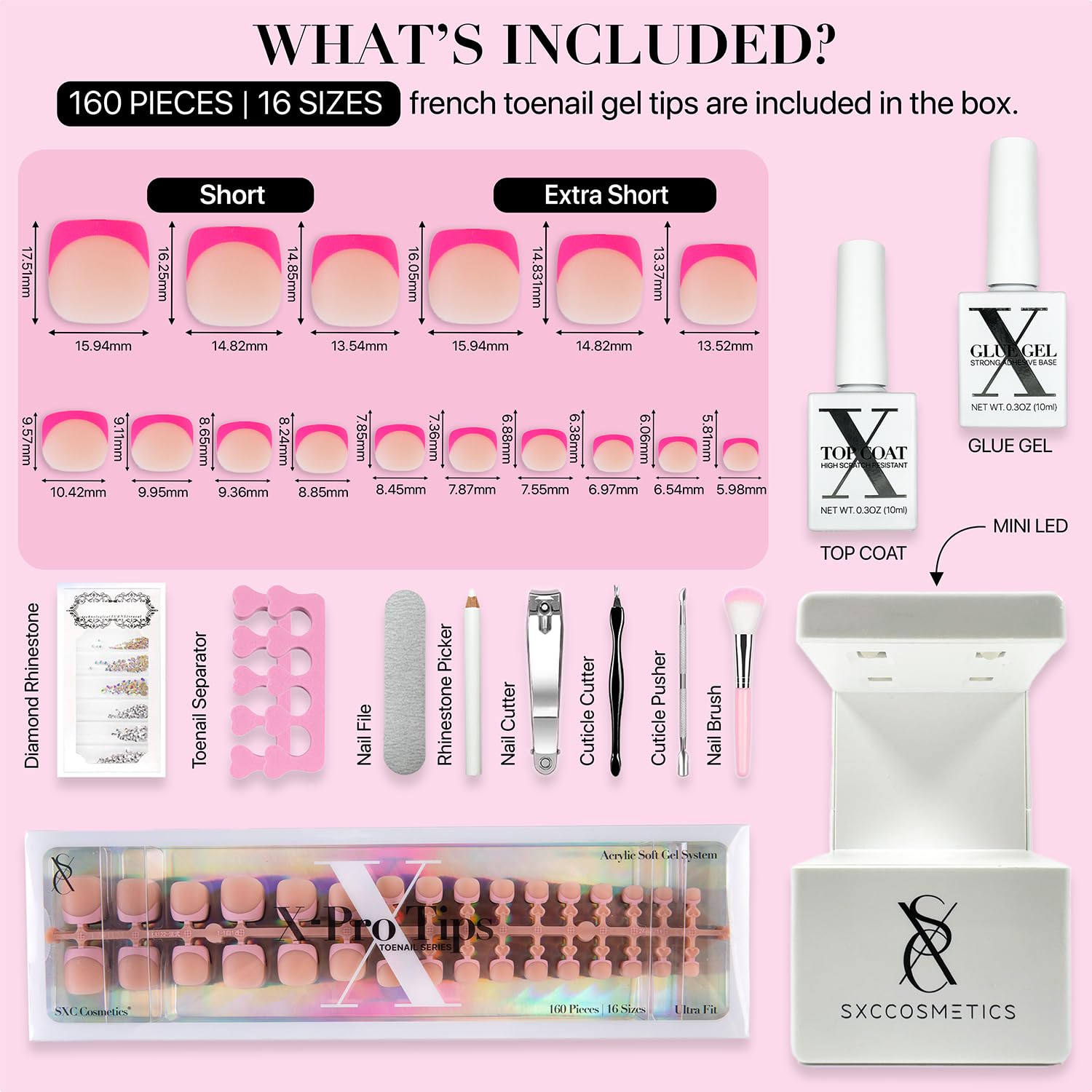 SXC Cosmetics X-Pro Tips French Tip Press-On Toenails – Short Pastel Glow (Soft Gel System)