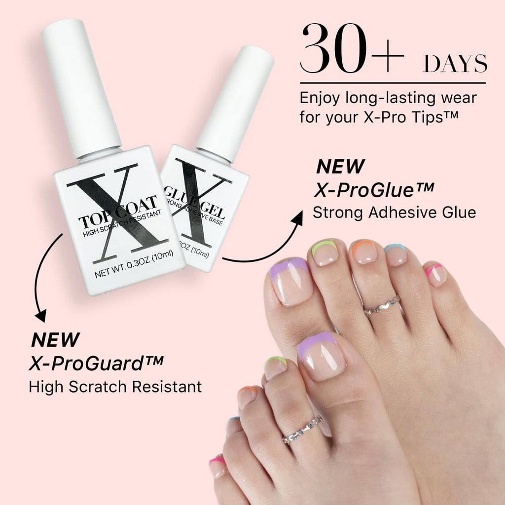 SXC Cosmetics X-Pro Tips French Tip Press-On Toenails – Short Pastel Glow (Soft Gel System)