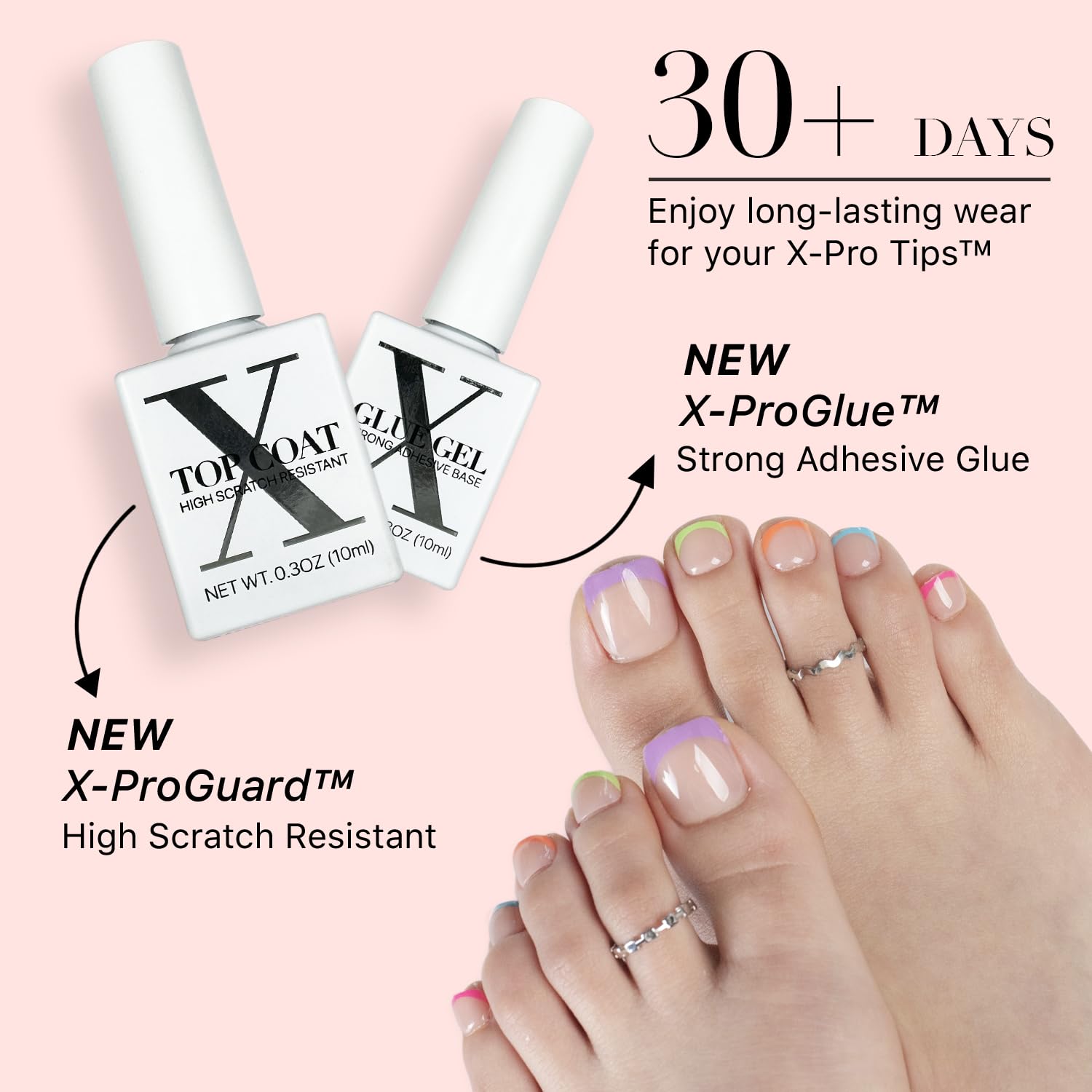 SXC Cosmetics X-Pro Tips French Tip Press-On Toenails – Short Pastel Glow (Soft Gel System)