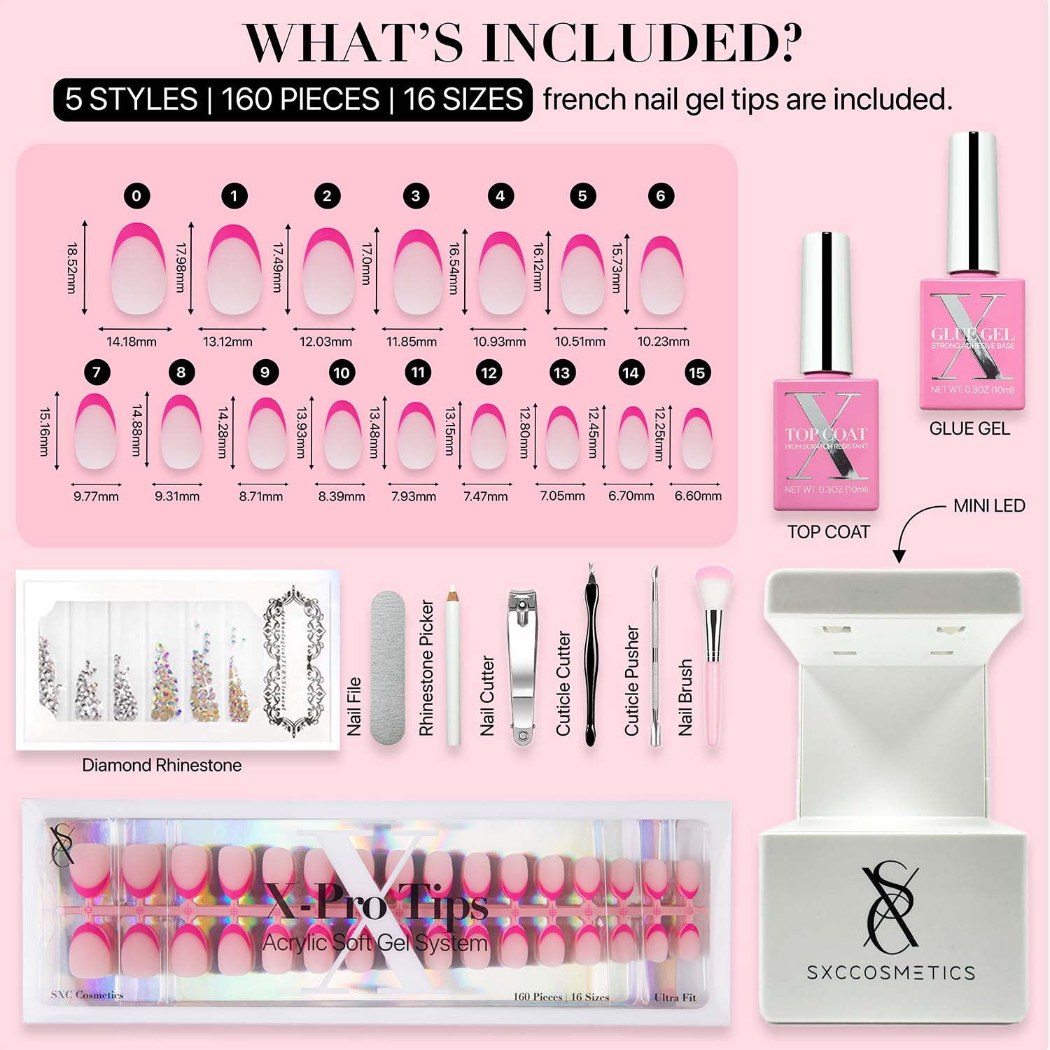SXC X-Pro Tips French Tip Press-On Nails – Pink Edition PINK118KIT-XS Almond