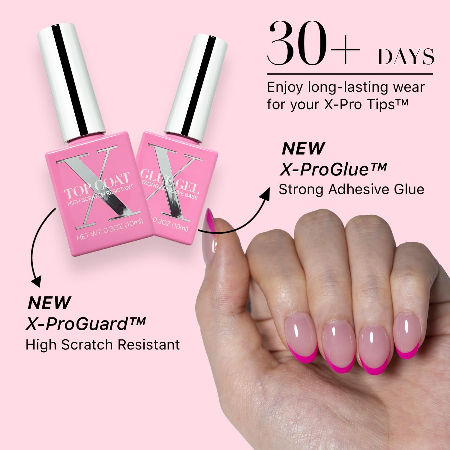 SXC X-Pro Tips French Tip Press-On Nails – Pink Edition PINK118KIT-XS Almond