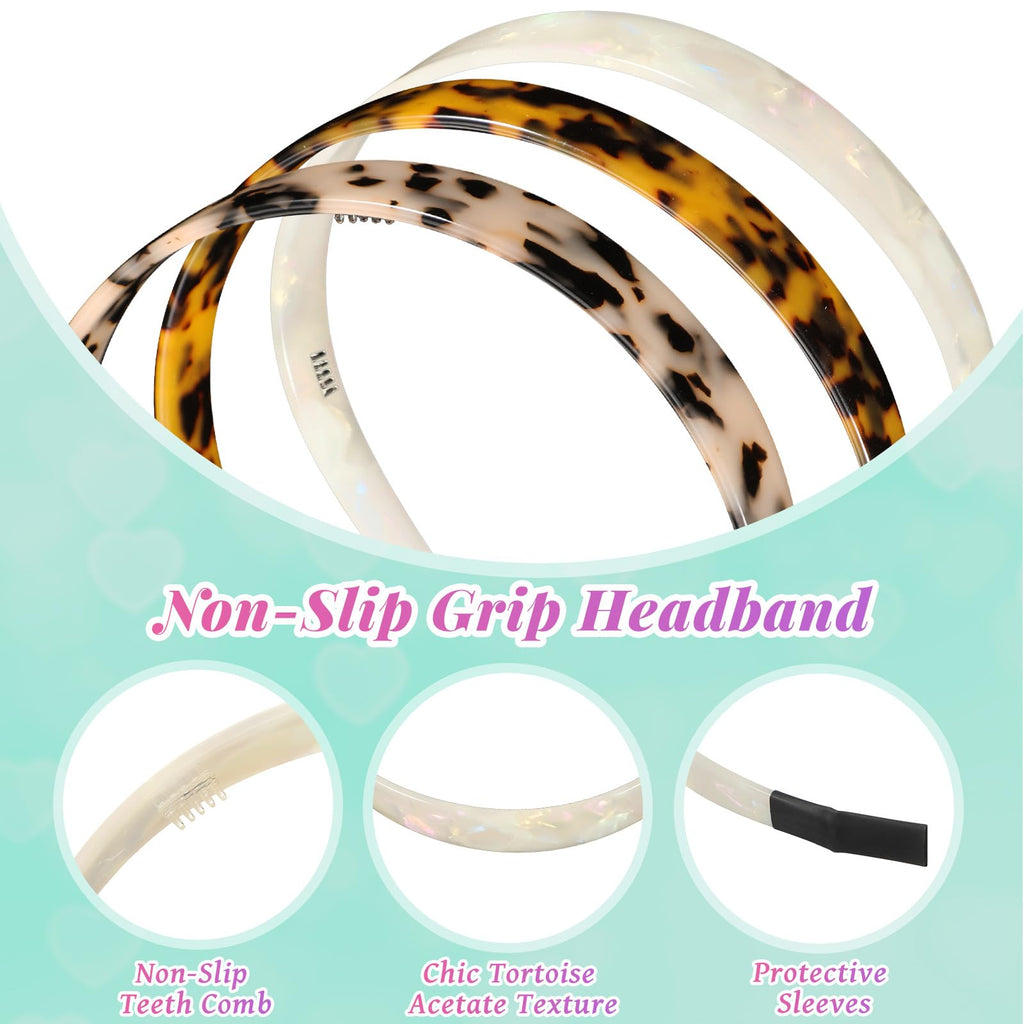 Syhood 3 Colors Tortoise Shell Headband Set – Wide Acetate & Resin Hairbands with Teeth (White Laser, Leopard, Ivory)
