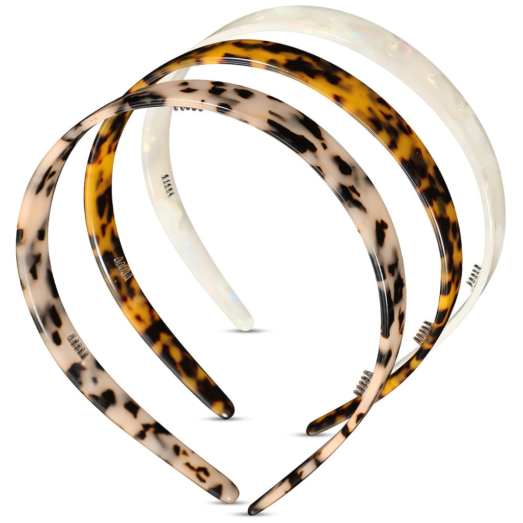 Syhood 3 Colors Tortoise Shell Headband Set – Wide Acetate & Resin Hairbands with Teeth (White Laser, Leopard, Ivory)