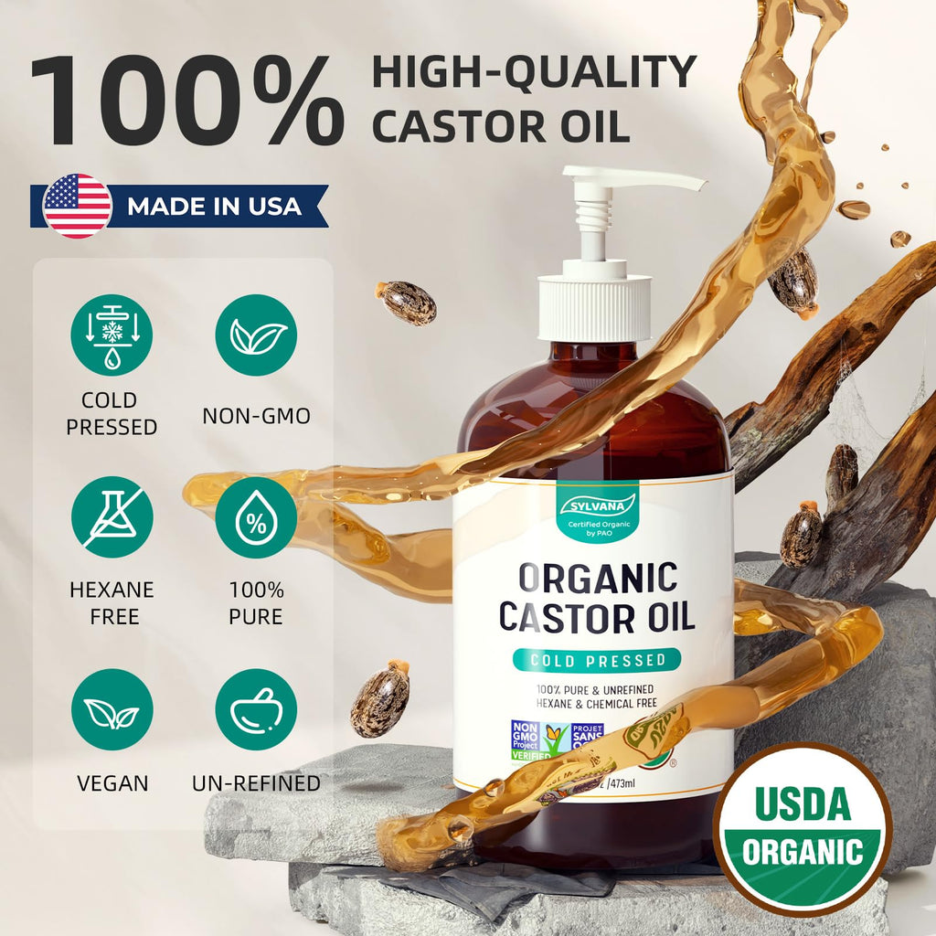 SYLVANA Organic Castor Oil – 16oz Amber Glass, USDA Organic, Cold-Pressed, Hexane-Free