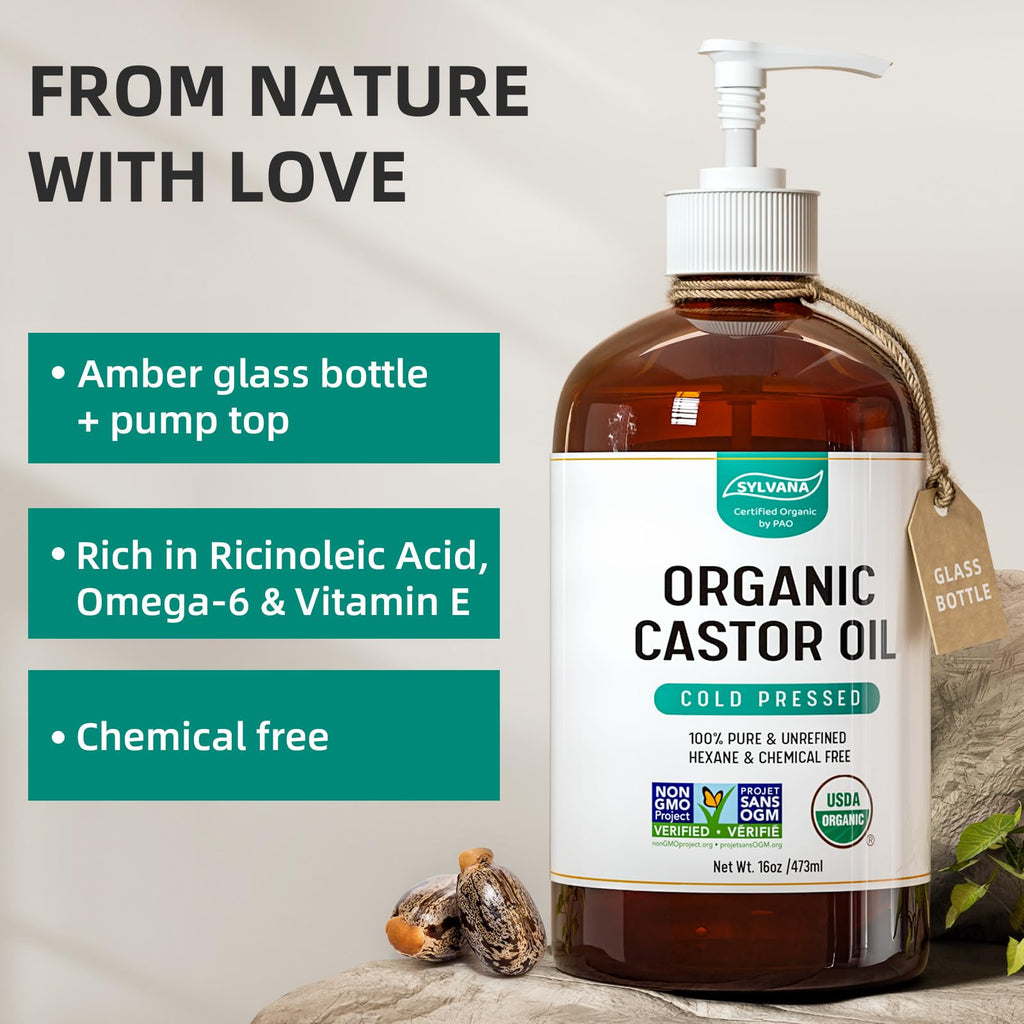 SYLVANA Organic Castor Oil – 16oz Amber Glass, USDA Organic, Cold-Pressed, Hexane-Free