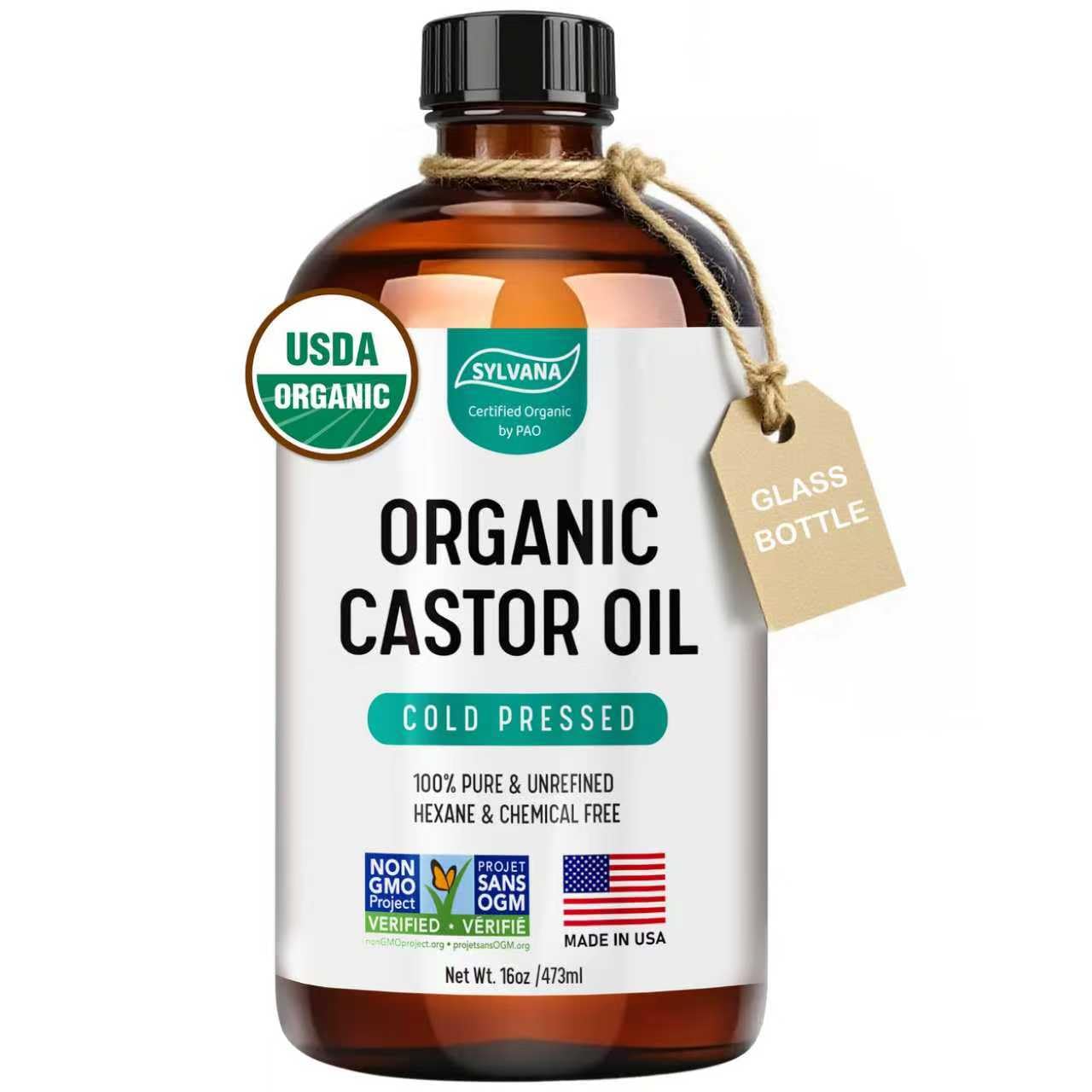 SYLVANA Organic Castor Oil – 16oz Amber Glass, USDA Organic, Cold-Pressed, Hexane-Free
