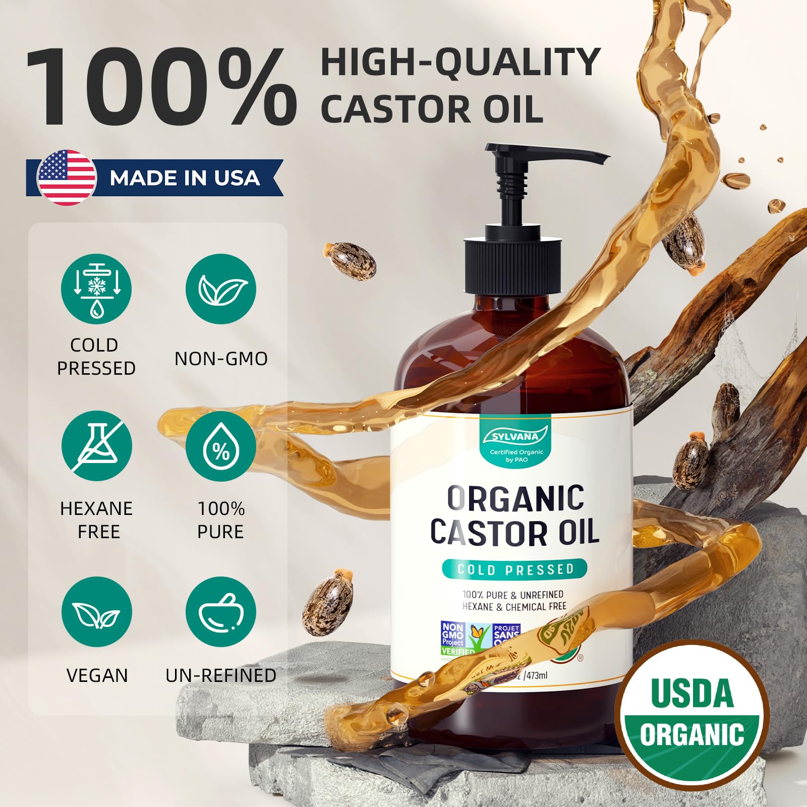 SYLVANA Organic Castor Oil with Pump – 16oz Glass Bottle | USDA Organic, Cold-Pressed, Hexane-Free, Vegan