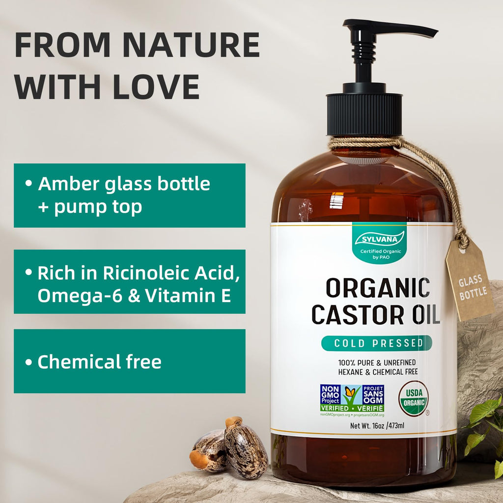 SYLVANA Organic Castor Oil with Pump – 16oz Glass Bottle | USDA Organic, Cold-Pressed, Hexane-Free, Vegan
