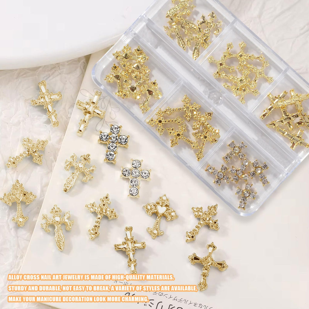Symphonyw 3D Cross Nail Charms – 60 Pcs Gold Alloy Nail Decorations for Nails & DIY Crafts