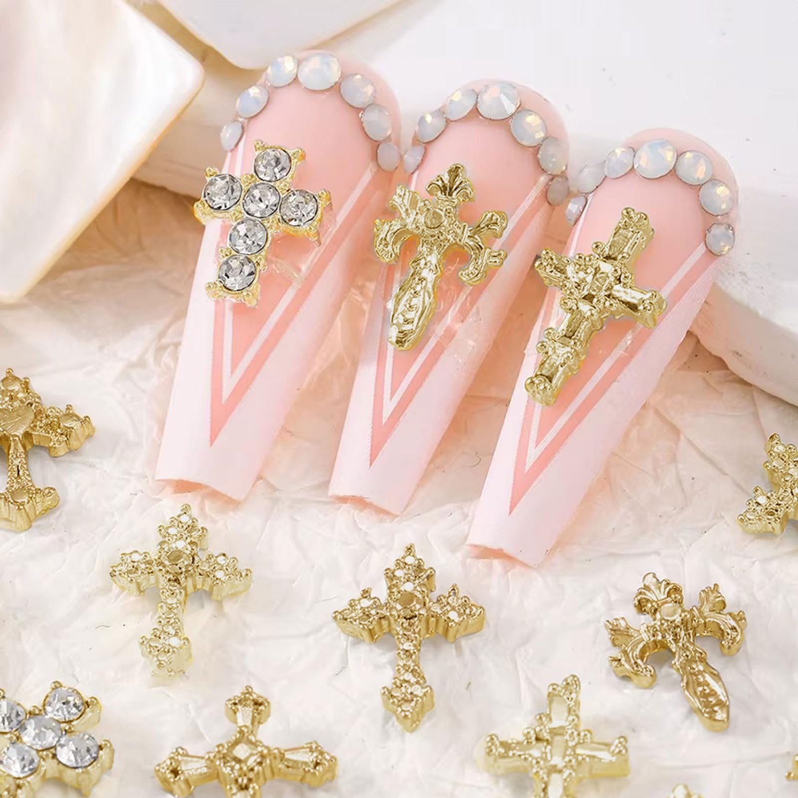 Symphonyw 3D Cross Nail Charms – 60 Pcs Gold Alloy Nail Decorations for Nails & DIY Crafts