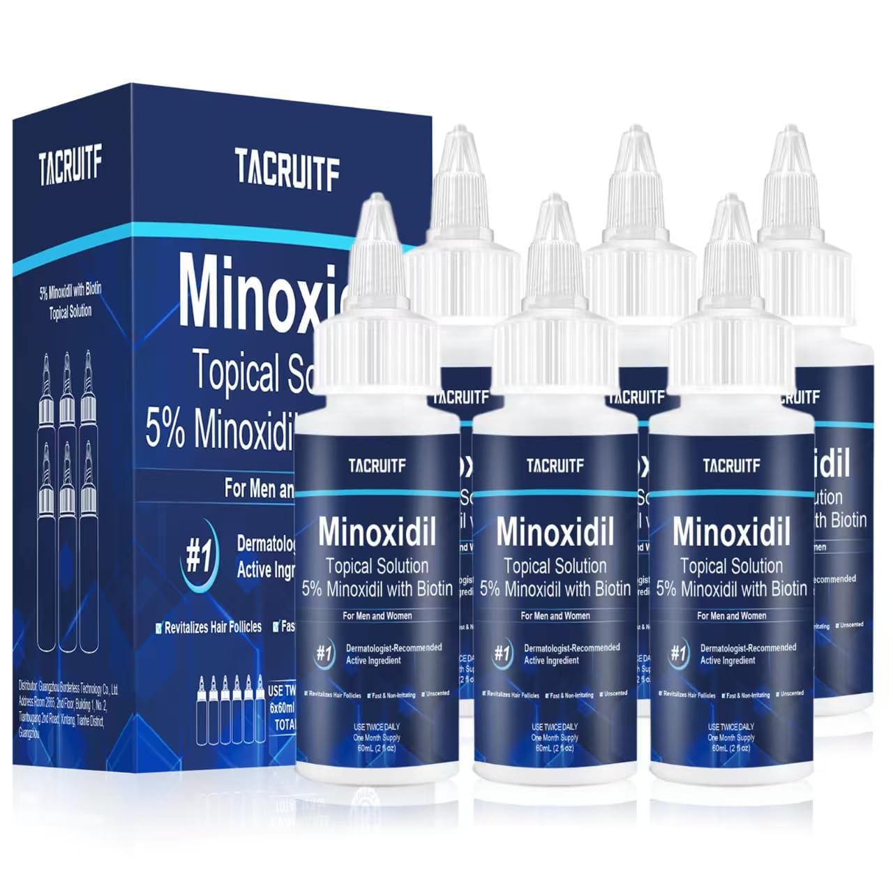 Tacruitf 5% Minoxidil with Biotin – Hair & Beard Growth Solution (6-Pack, 12 fl oz)