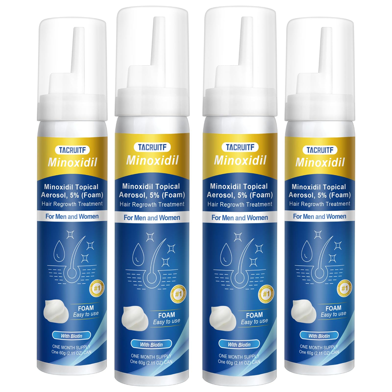 Tacruitf 4-Pack Minoxidil Foam 5% – Hair & Beard Growth, Biotin-Infused, 8.44 oz