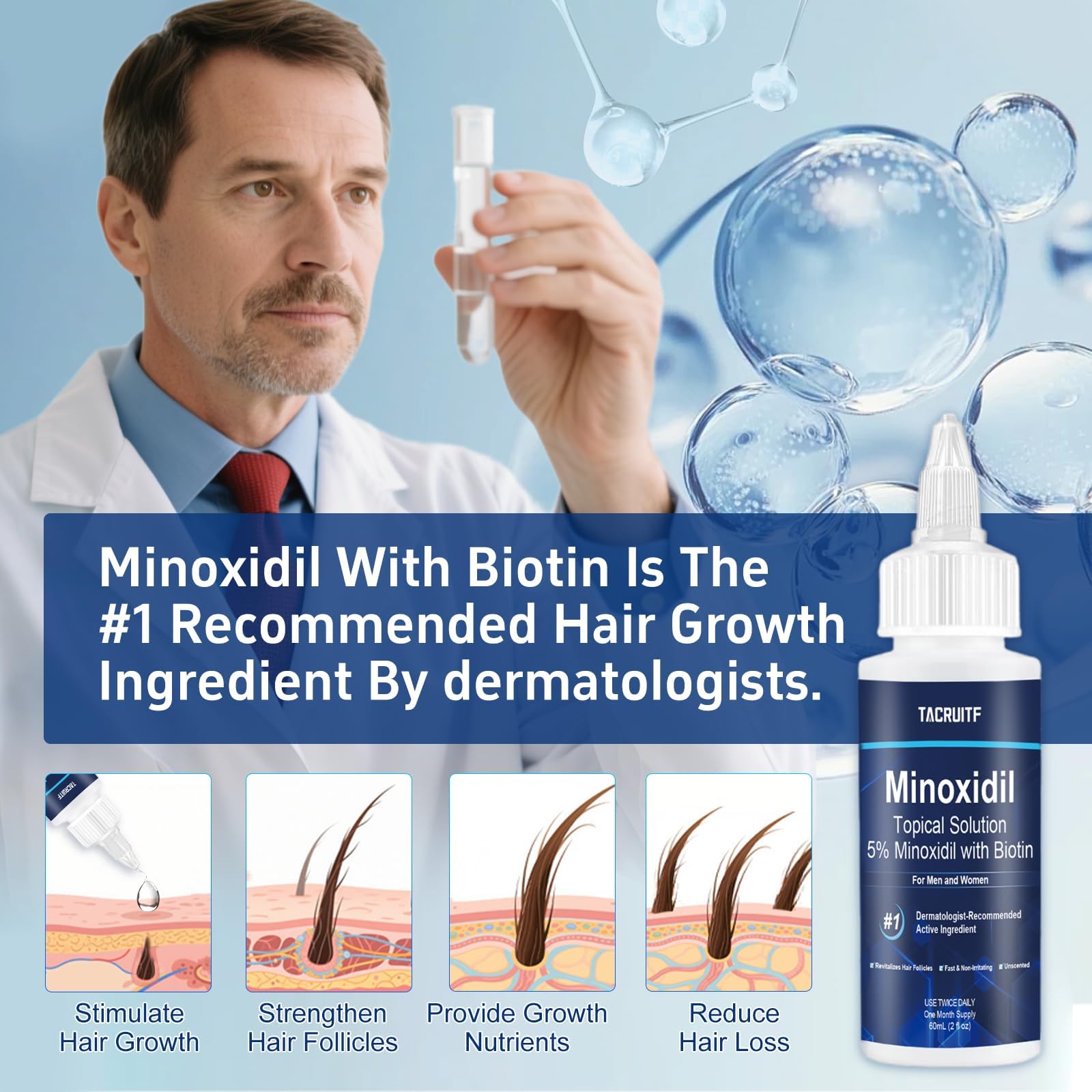 Tacruitf 5% Minoxidil with Biotin – Hair & Beard Growth Solution (6-Pack, 12 fl oz)