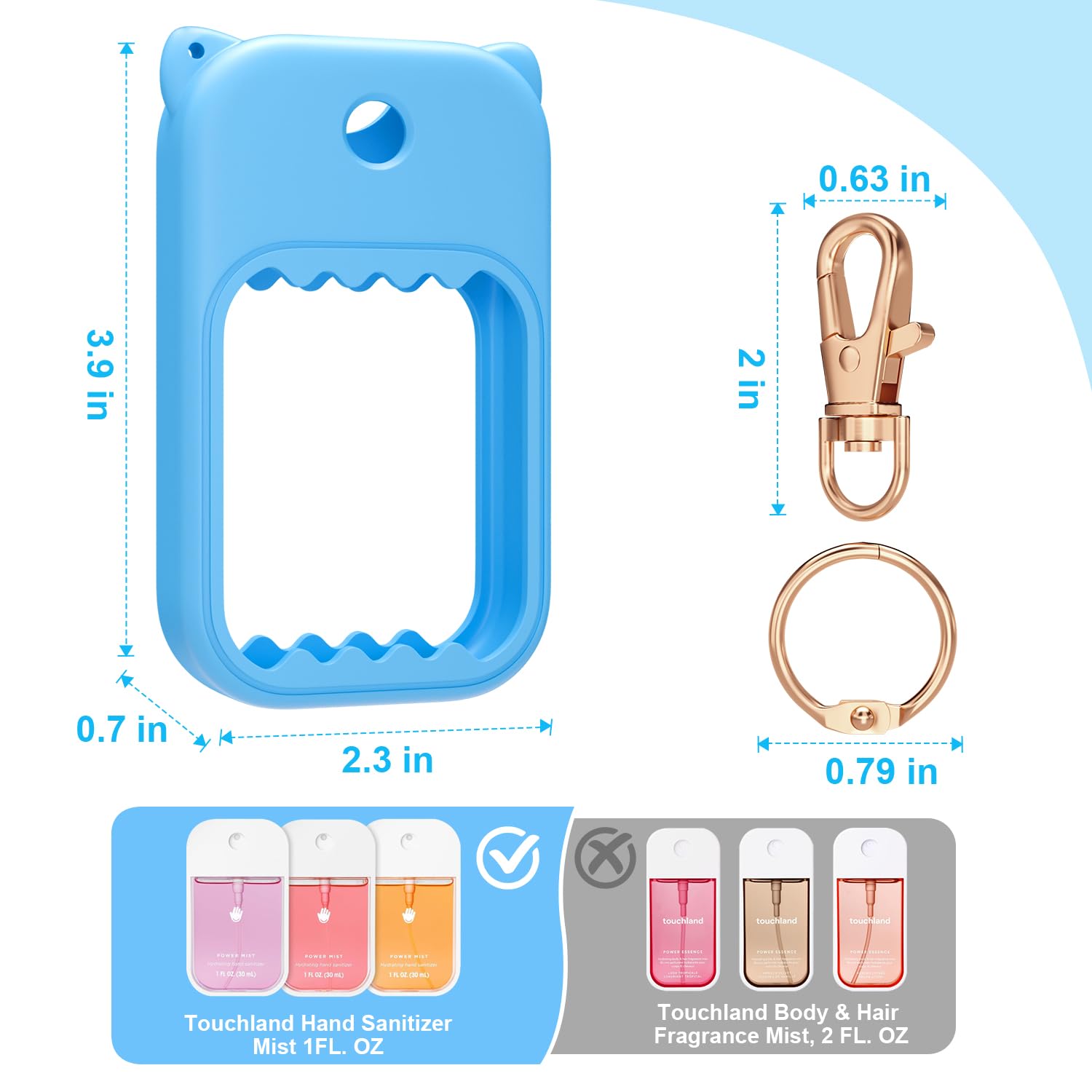 taessv Hand Sanitizer Case for Touchland – Silicone Keychain Holder for Power Mist, Gentle Mist, Glow Mist (Sky Blue)