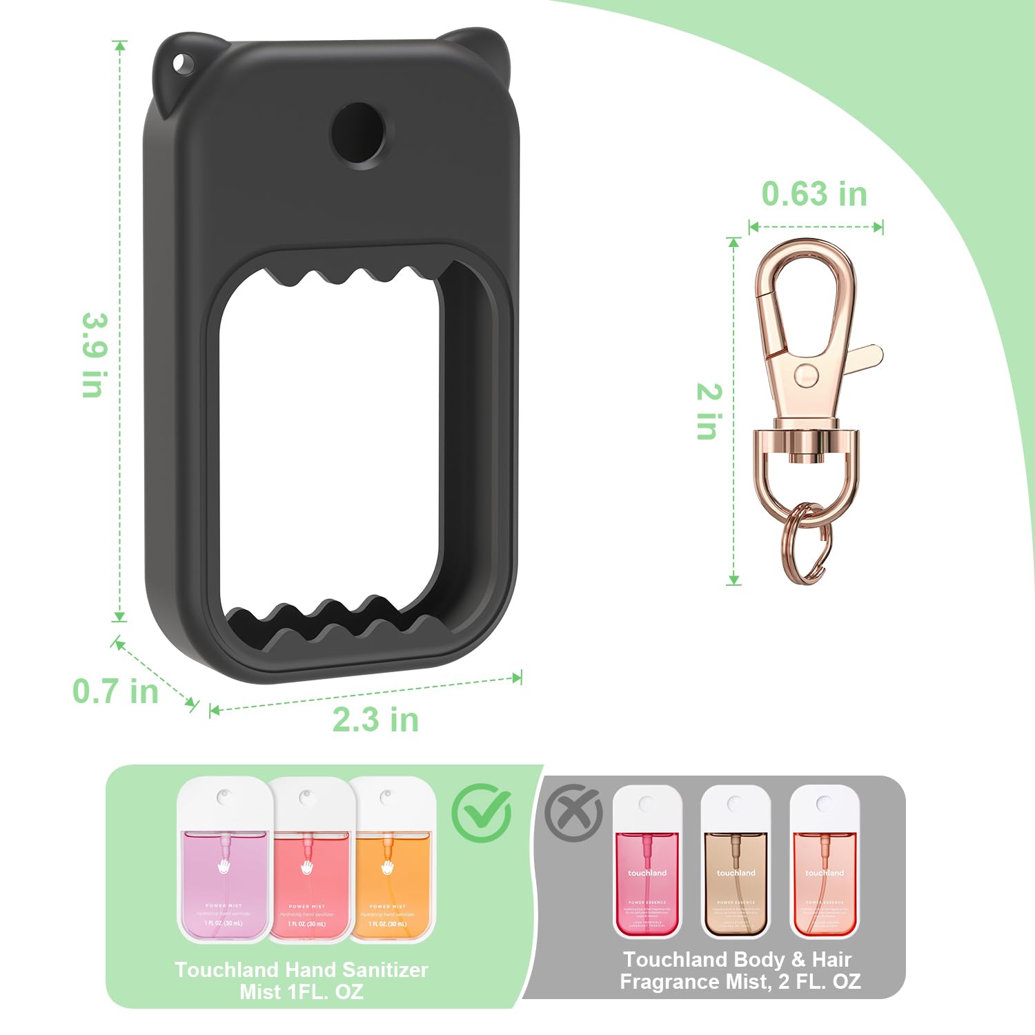 taessv Hand Sanitizer Case for Touchland – Silicone Case with 360° Swivel Keychain (Black)