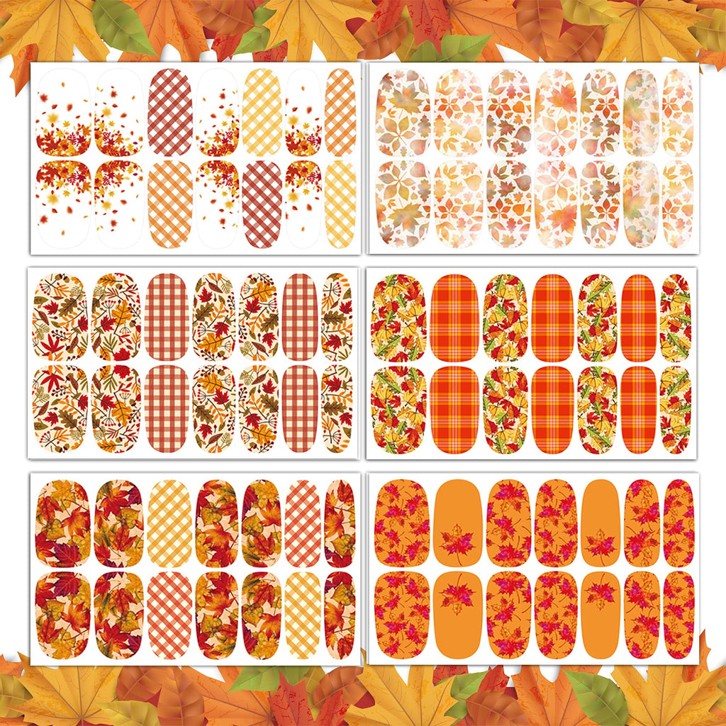 TailaiMei 12 Sheets Fall Nail Wraps – Self-Adhesive Autumn Nail Decals with Leaves & Plaid