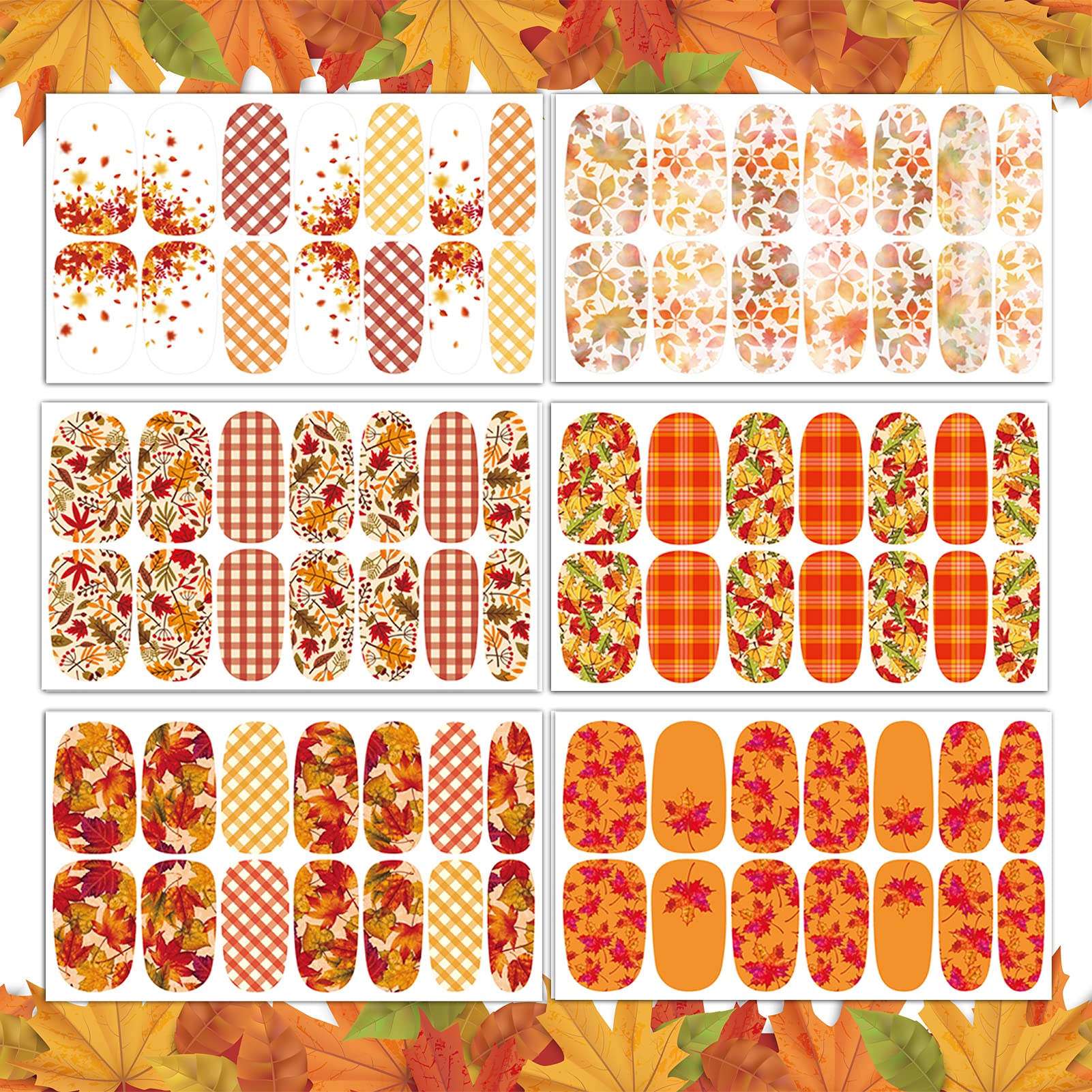 TailaiMei 12 Sheets Fall Nail Wraps – Self-Adhesive Autumn Nail Decals with Leaves & Plaid