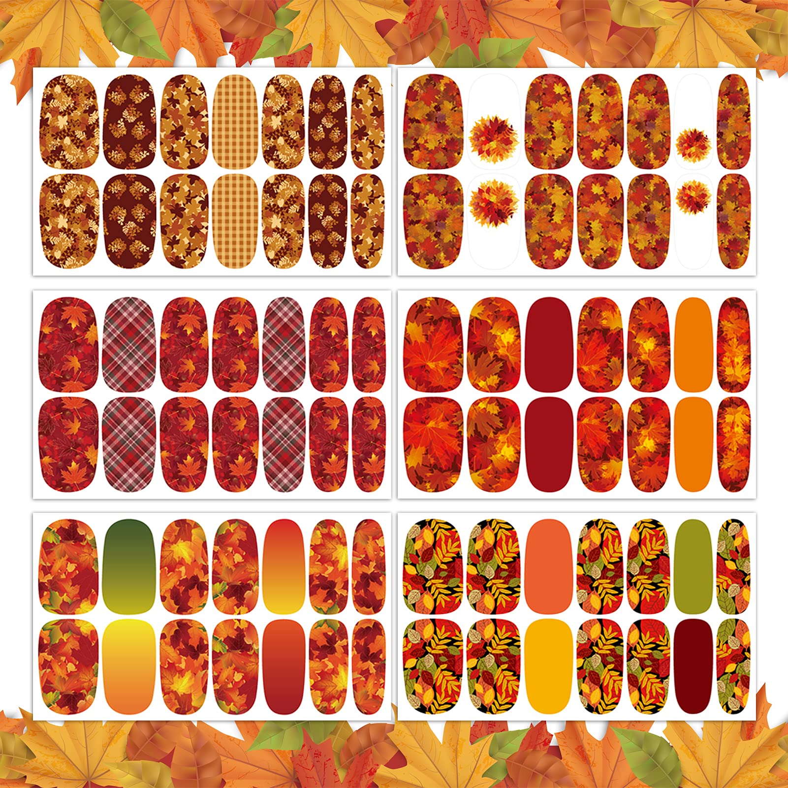 TailaiMei 12 Sheets Fall Nail Wraps – Self-Adhesive Autumn Nail Decals with Leaves & Plaid