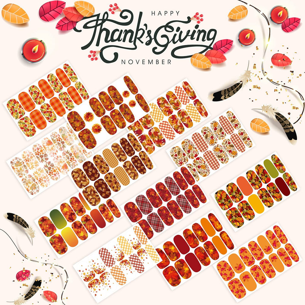 TailaiMei 12 Sheets Fall Nail Wraps – Self-Adhesive Autumn Nail Decals with Leaves & Plaid