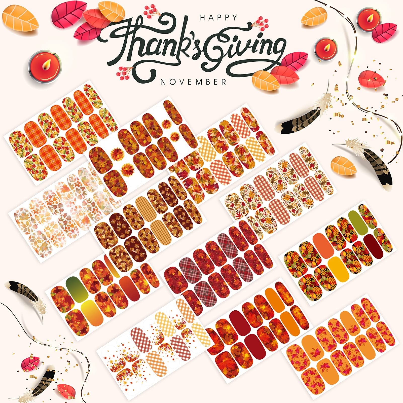 TailaiMei 12 Sheets Fall Nail Wraps – Self-Adhesive Autumn Nail Decals with Leaves & Plaid