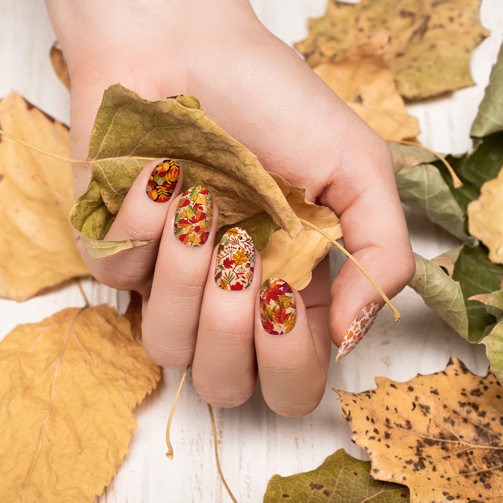 TailaiMei 12 Sheets Fall Nail Wraps – Self-Adhesive Autumn Nail Decals with Leaves & Plaid