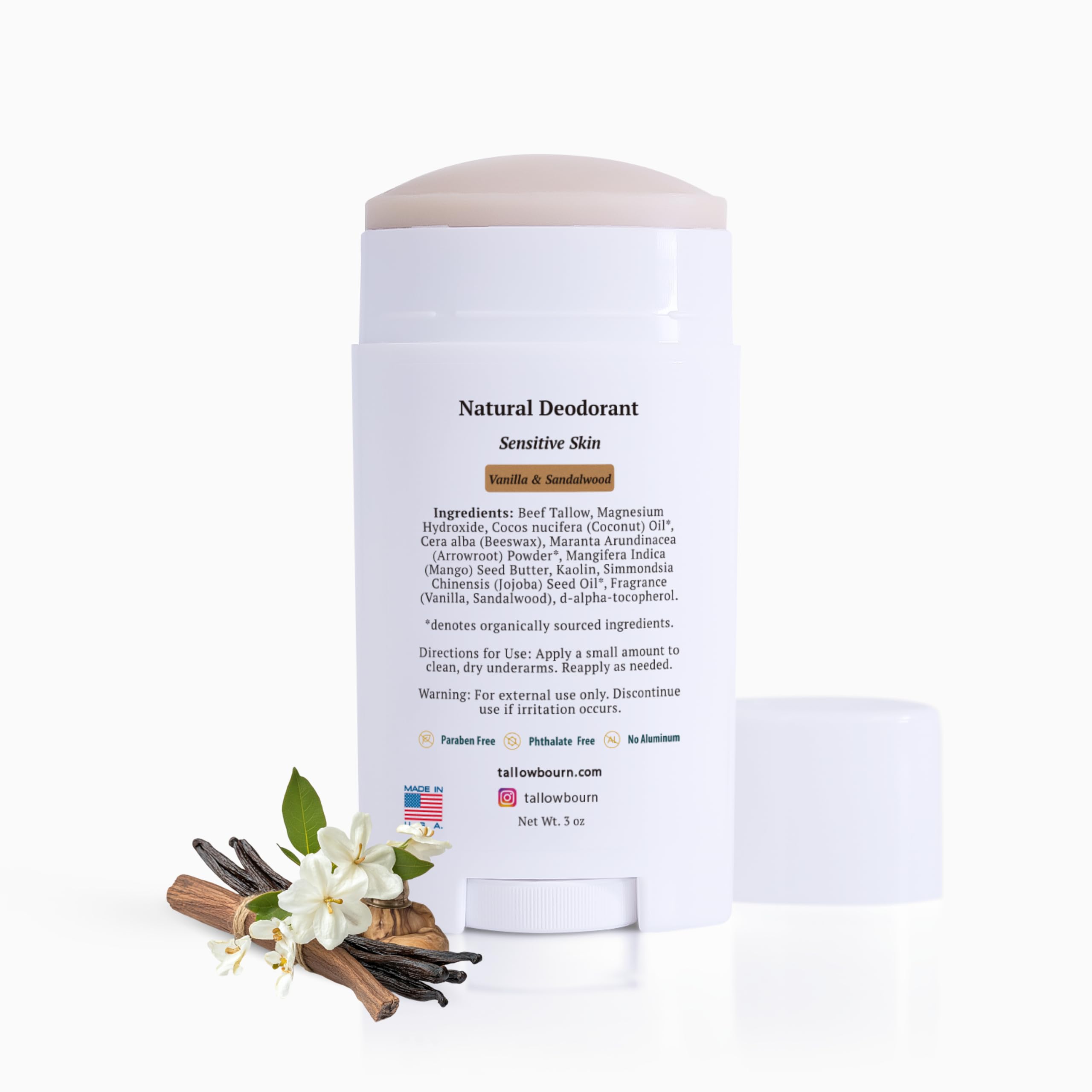 Tallowbourn Tallow Deodorant - Aluminum & Baking Soda-Free - Vanilla & Sandalwood - 3 oz