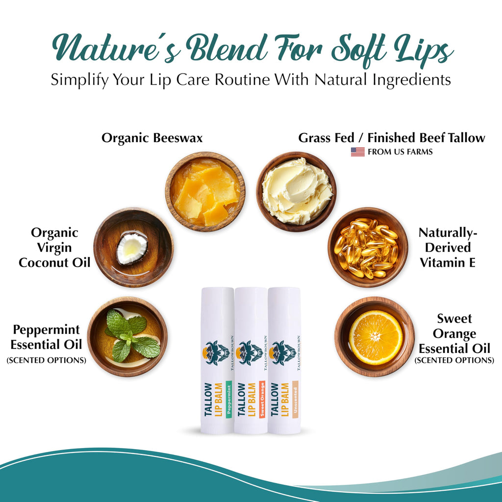 Tallowbourn Moisturizing Tallow Lip Balm 3-Pack – Grass-Fed Tallow + Organic Coconut Oil