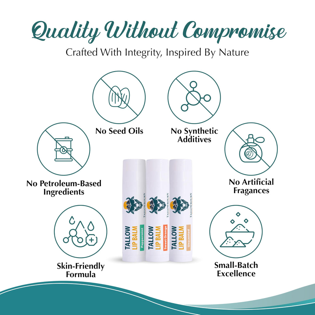 Tallowbourn Moisturizing Tallow Lip Balm 3-Pack – Grass-Fed Tallow + Organic Coconut Oil