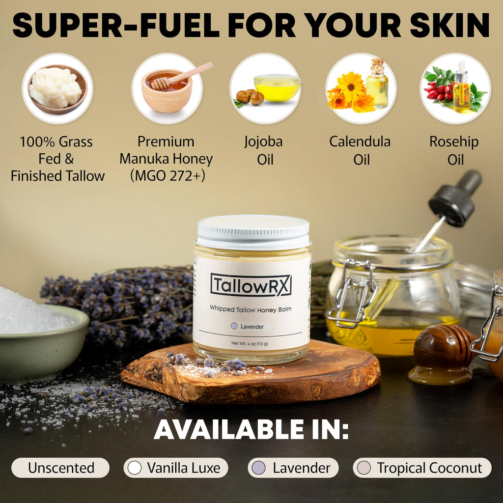 TALLOWRX 100% Grass-Fed Beef Tallow Balm – Whipped Honey Moisturizer with Manuka Honey, Jojoba & Calendula | Face & Body (4 oz, Vanilla Scent)