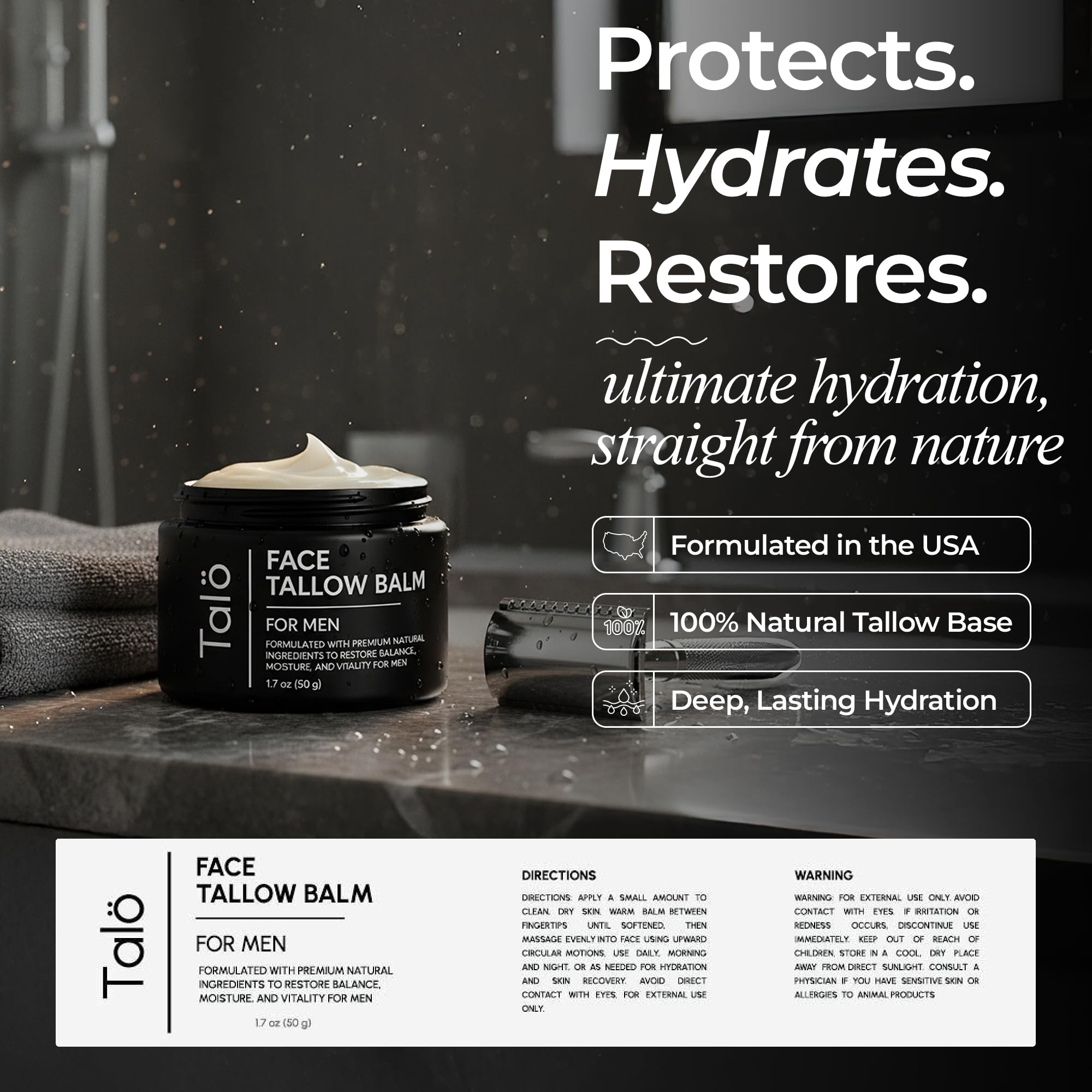 TALÖ Beef Tallow Moisturizer for Men | 100% Natural Grass-Fed Tallow, No Fillers