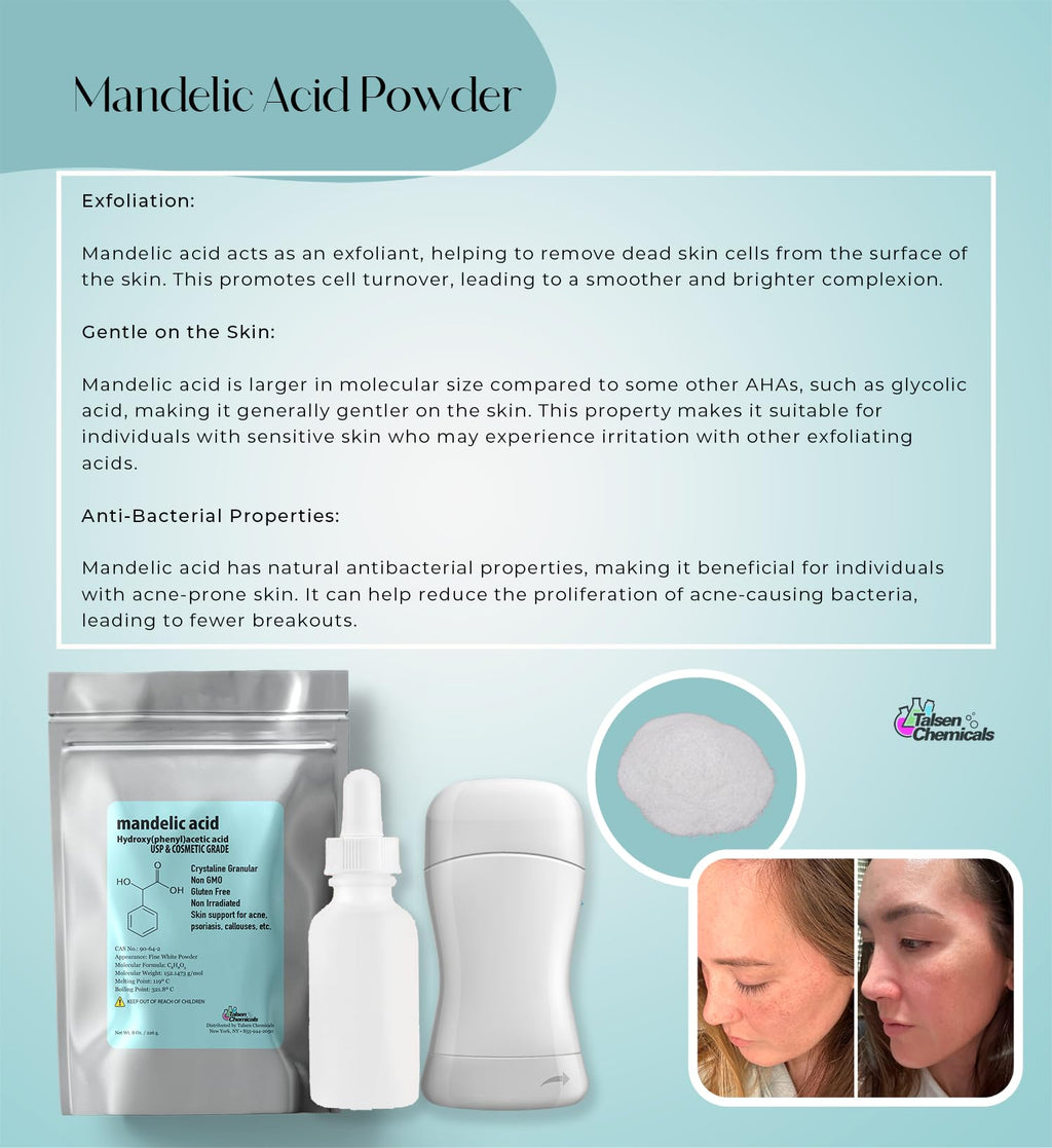 Talsen Chemicals Mandelic Acid Powder 99.9% Purity – DIY Serum, Peel, Mask or Cream 8 oz / 226 g