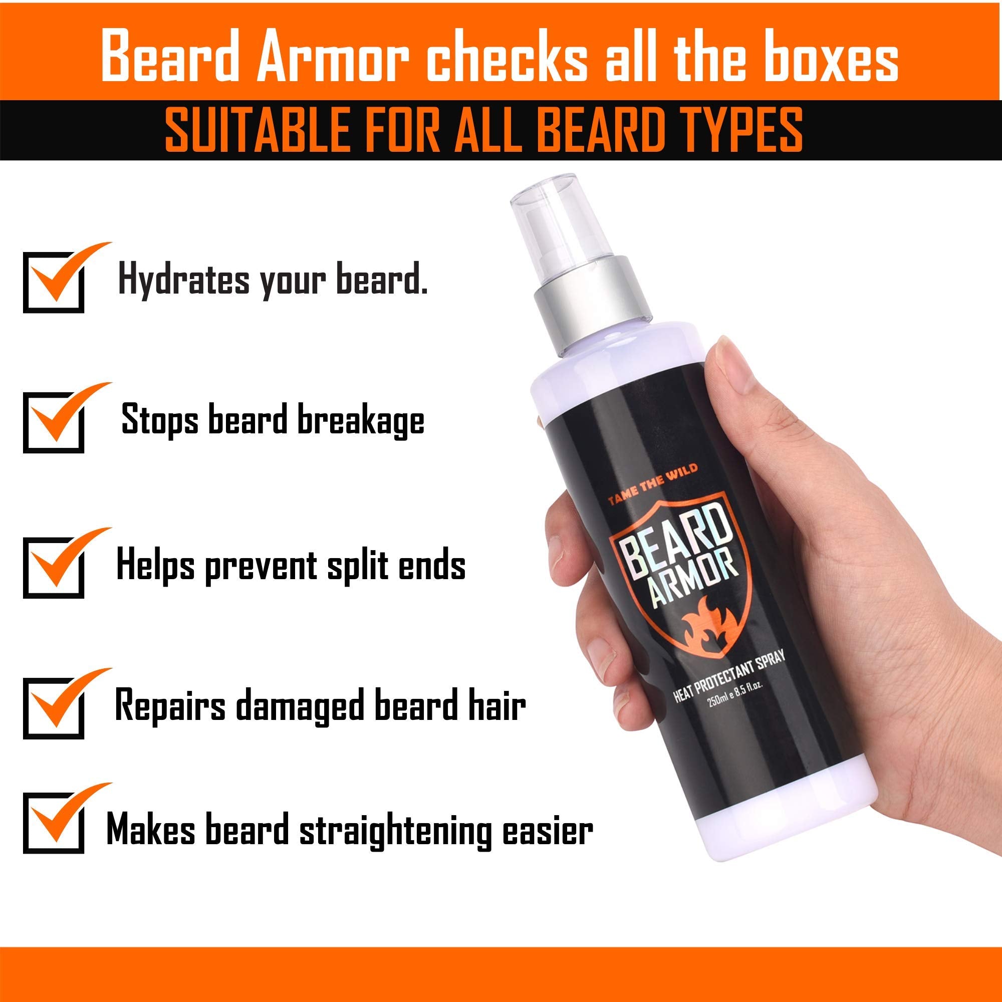 Tame The Wild Beard Straightener with Heat Protectant – Argan Oil, Keratin & Aloe Fortified Beard Spray (8.5 Fl Oz)