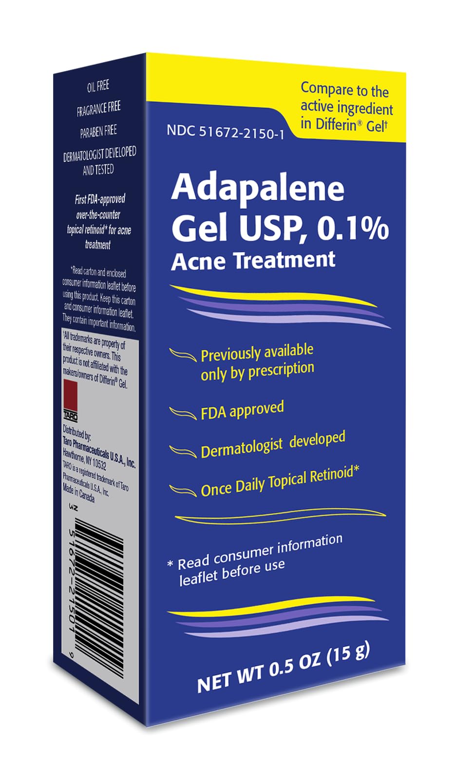 TARO Adapalene 0.1% USP Gel – Paraben-Free Acne Treatment for Sensitive Skin (Prescription-Strength)