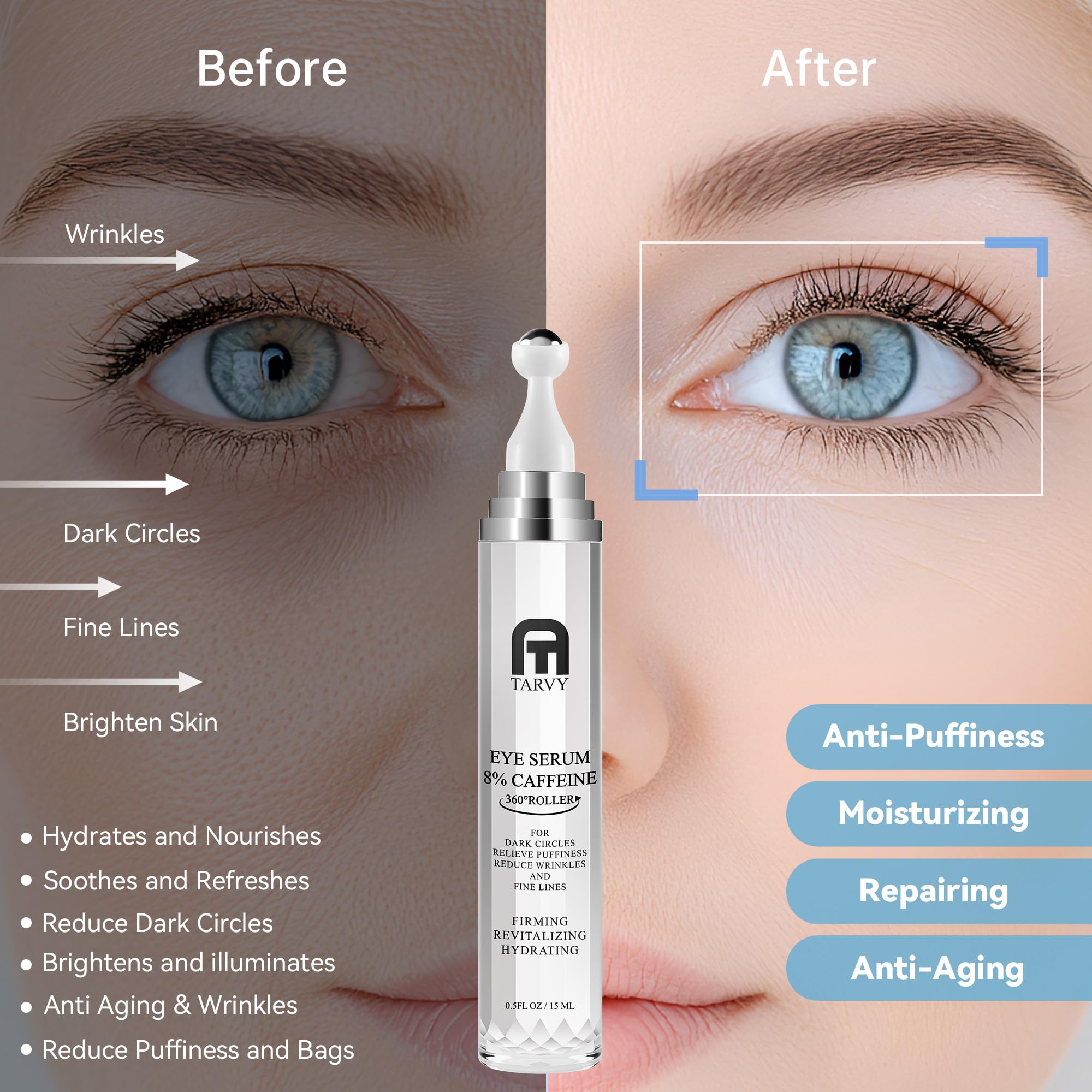 Tarvy Eye Serum 8% Caffeine with 360° Massage Ball – Under Eye Care