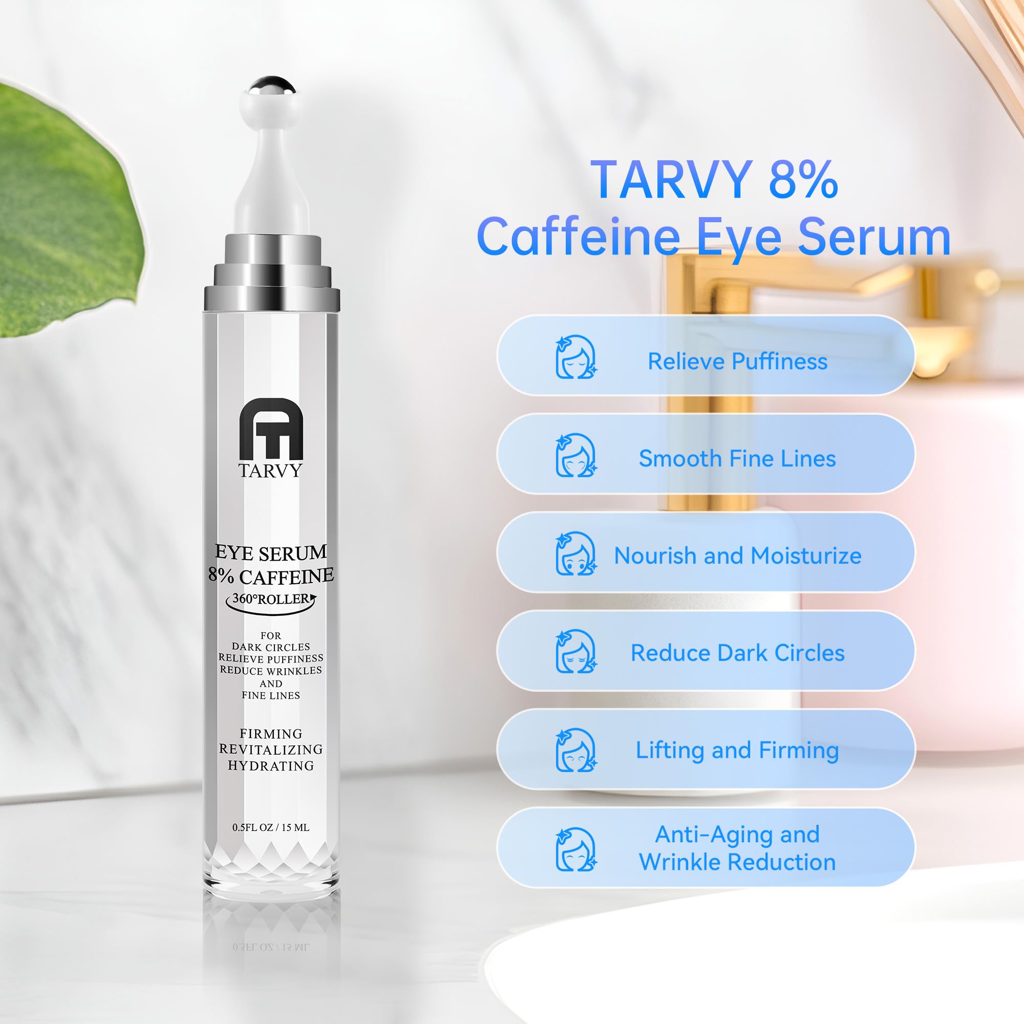 Tarvy Eye Serum 8% Caffeine with 360° Massage Ball – Under Eye Care