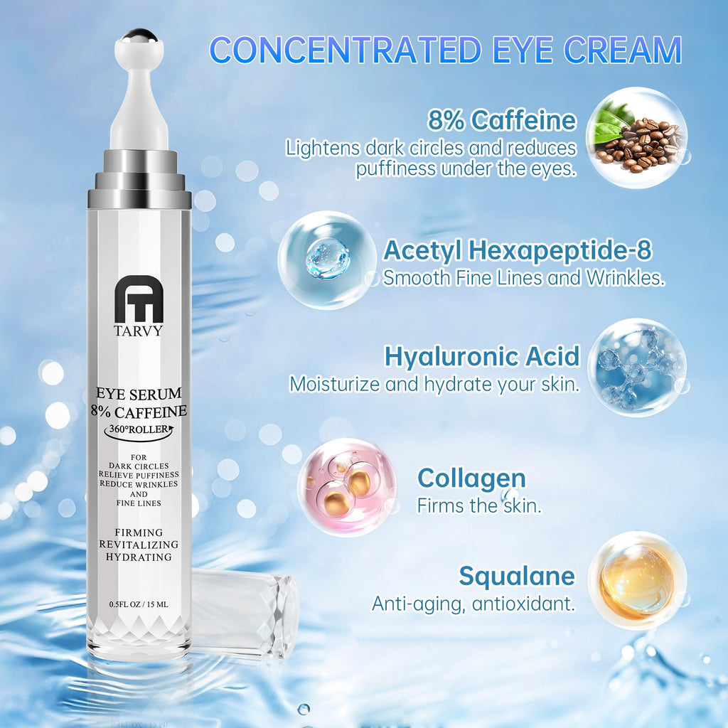 Tarvy Eye Serum 8% Caffeine with 360° Massage Ball – Under Eye Care