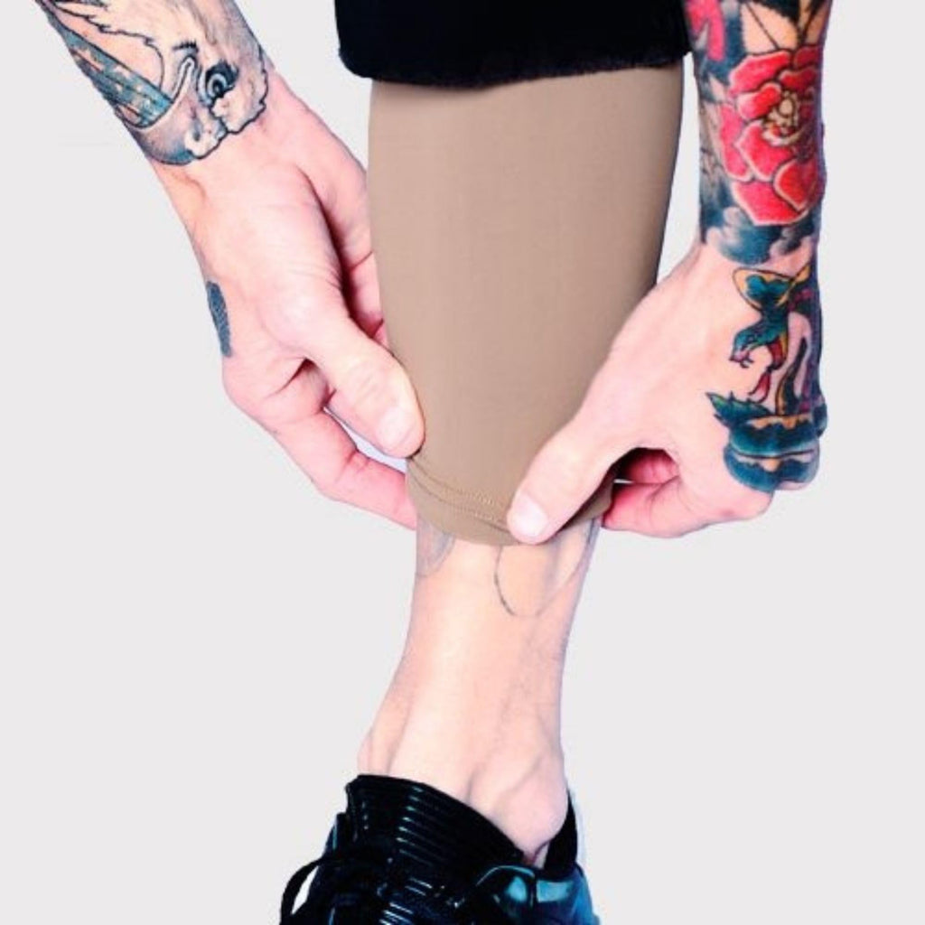 Tat2X Ink Armor Premium Calf Tattoo Cover Up Sleeve – No Slip Gripper, USA Made, Suntan