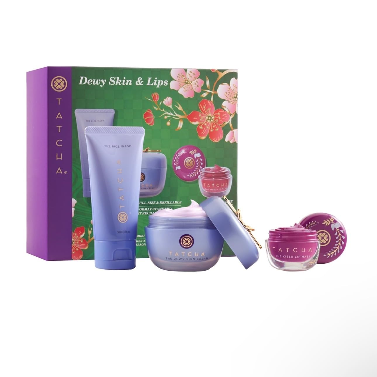 Tatcha Dewy Skin & Lips Hydrating Ritual Set — Travel Rice Wash, Full-Size Dewy Skin Cream, Wisteria Lip Mask ($119 Value)