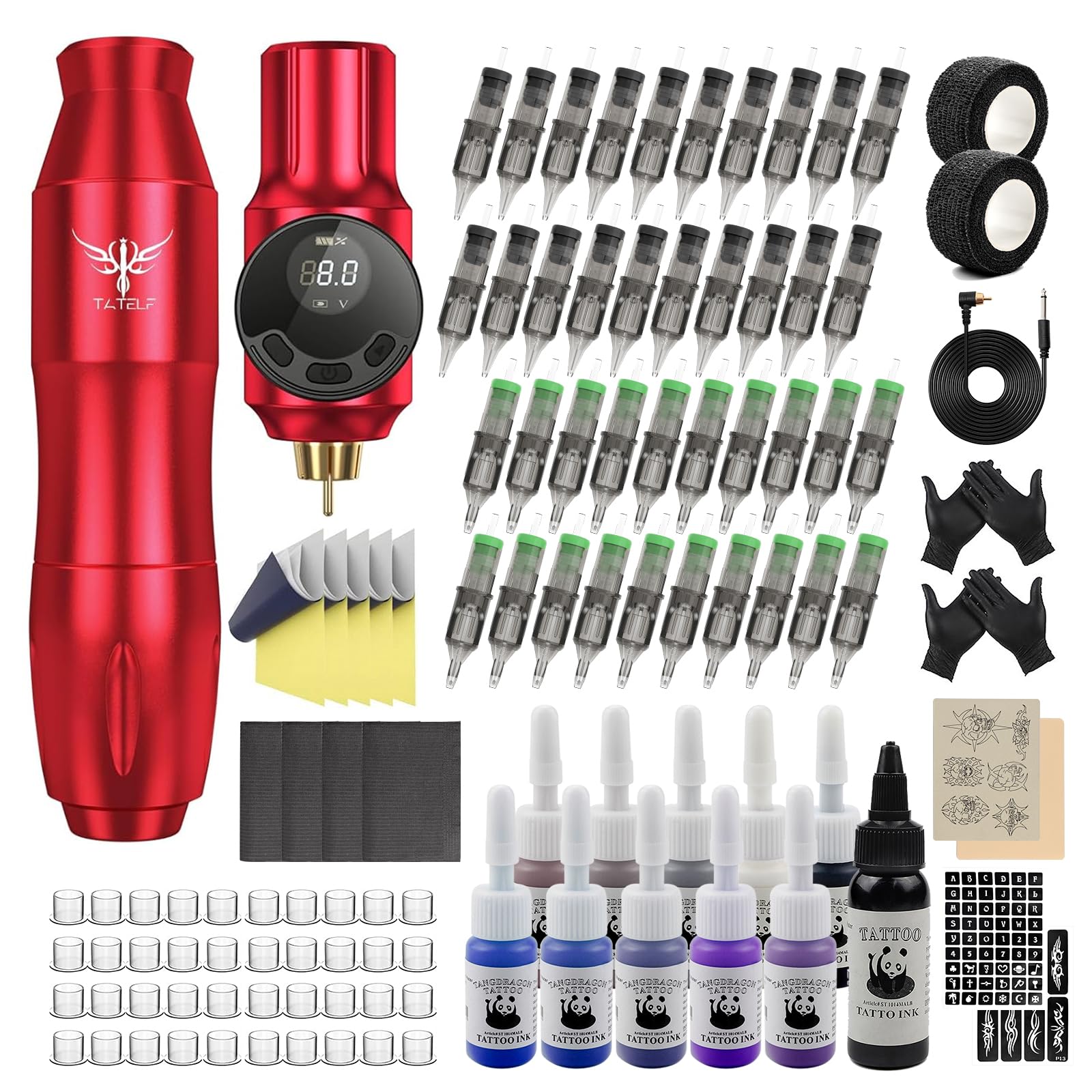 TATELF Wireless Tattoo Gun Starter Kit – Pro Complete Rotary Pen, 2000mAh Battery, 40 Cartridges, 11 Inks