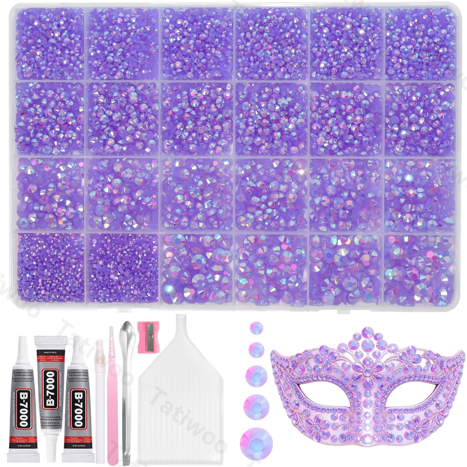 Tatiwoo 20000Pcs Light Purple AB Flatback Rhinestones Kit | 2–6mm Crystal Gems for DIY Crafts & Makeup