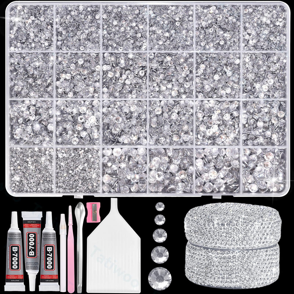 Tatiwoo 20000Pcs Silver White Crystal Flatback Rhinestones Kit – Mix Sizes for Crafting & DIY