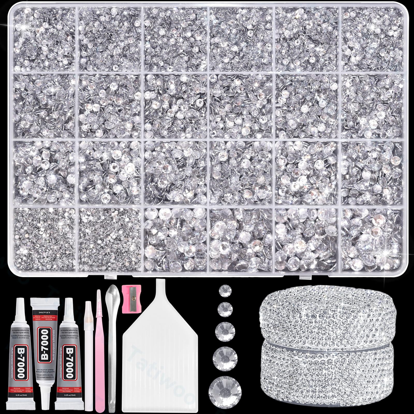 Tatiwoo 20000Pcs Silver White Crystal Flatback Rhinestones Kit – Mix Sizes for Crafting & DIY