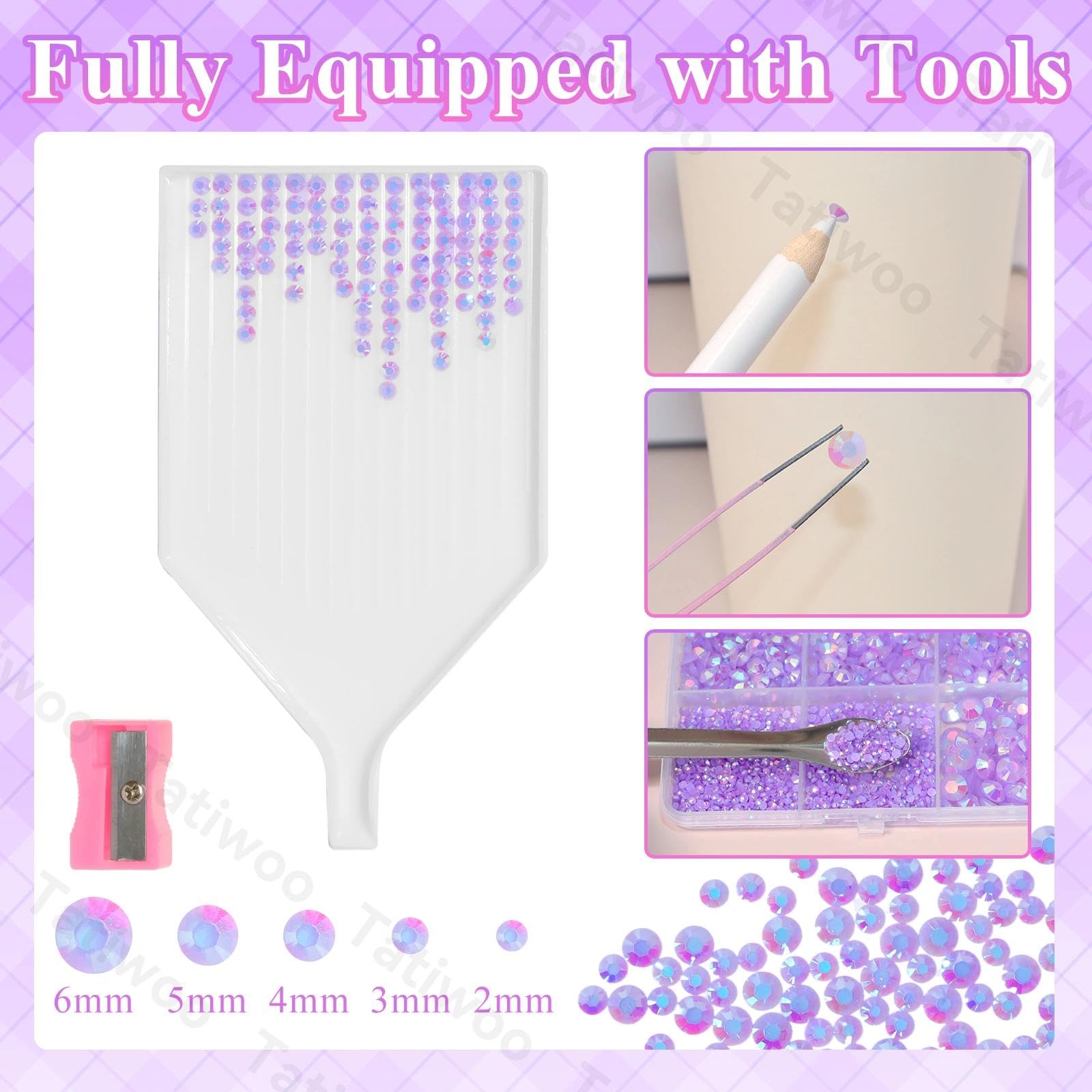 Tatiwoo 20000Pcs Light Purple AB Flatback Rhinestones Kit | 2–6mm Crystal Gems for DIY Crafts & Makeup