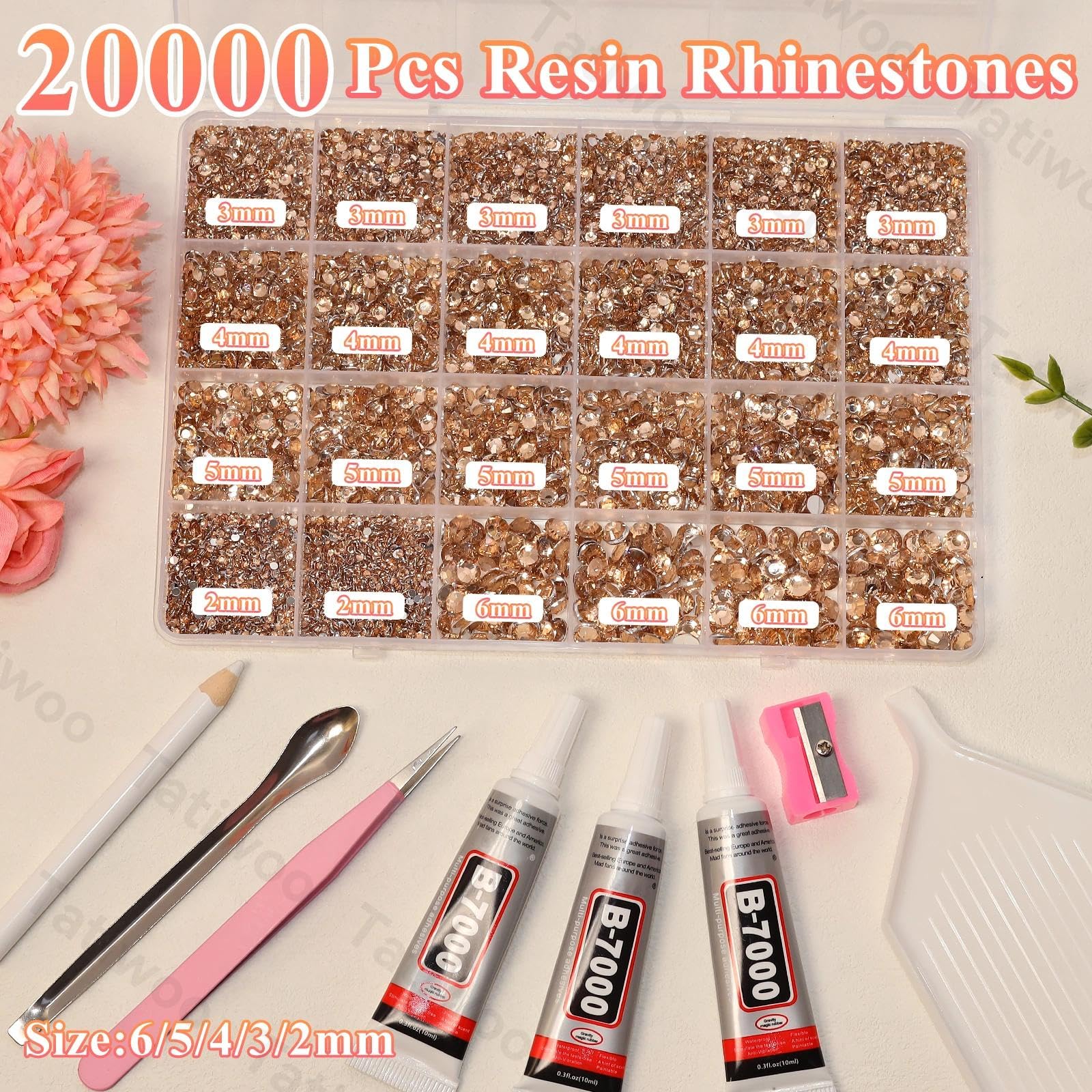 Tatiwoo 20000Pcs Champagne Flatback Rhinestones Kit – Mixed Sizes for DIY Crafting & Tumblers