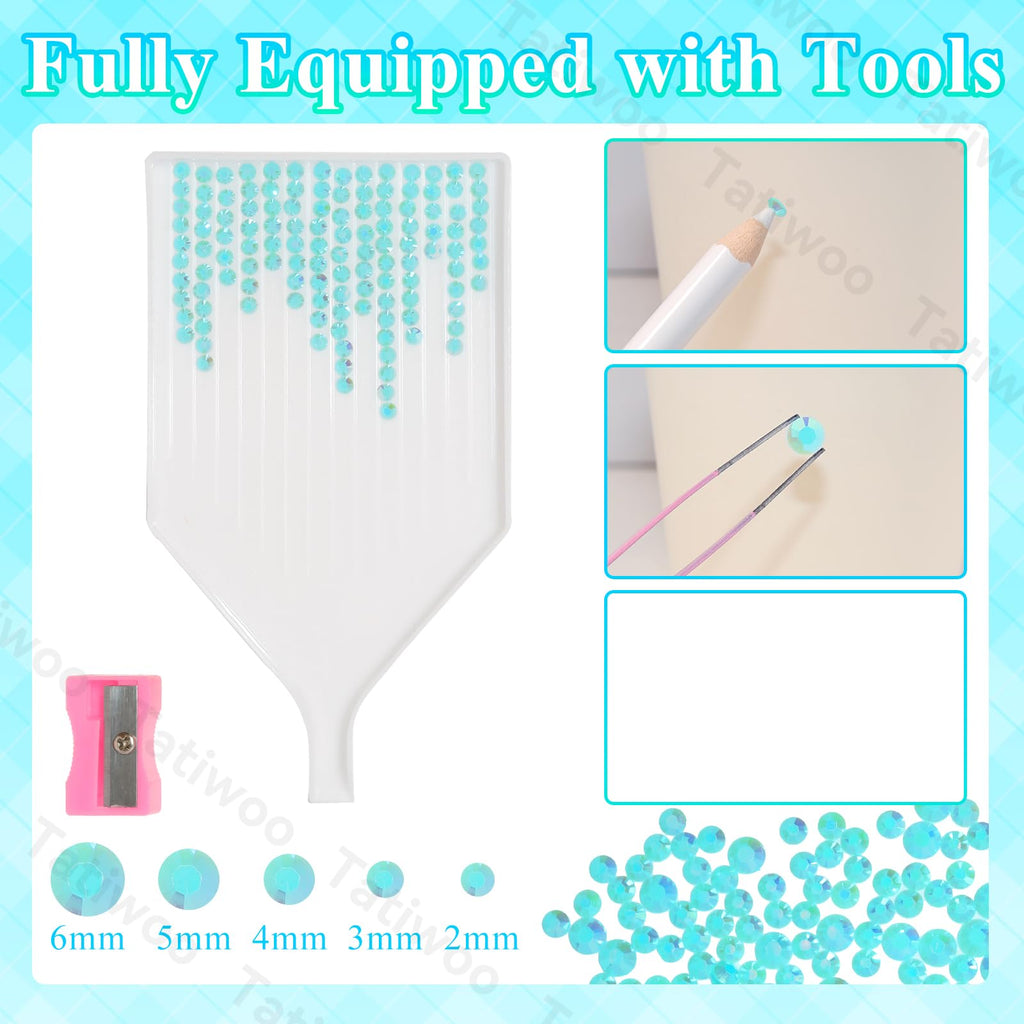 Tatiwoo 20000 Sky Blue AB Flatback Rhinestones Kit with Mixed Sizes and Tools