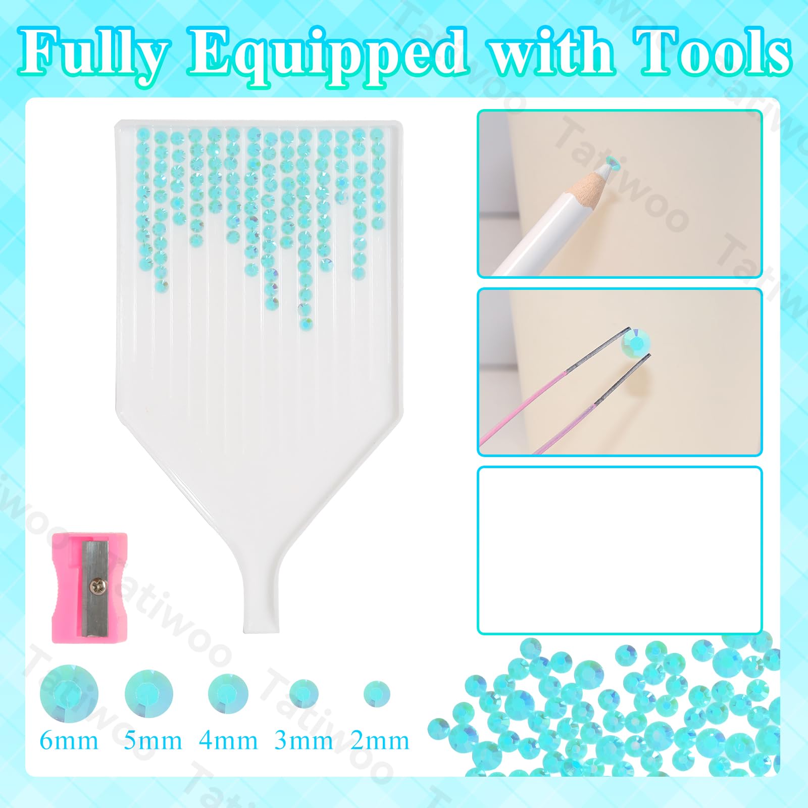 Tatiwoo 20000 Sky Blue AB Flatback Rhinestones Kit with Mixed Sizes and Tools