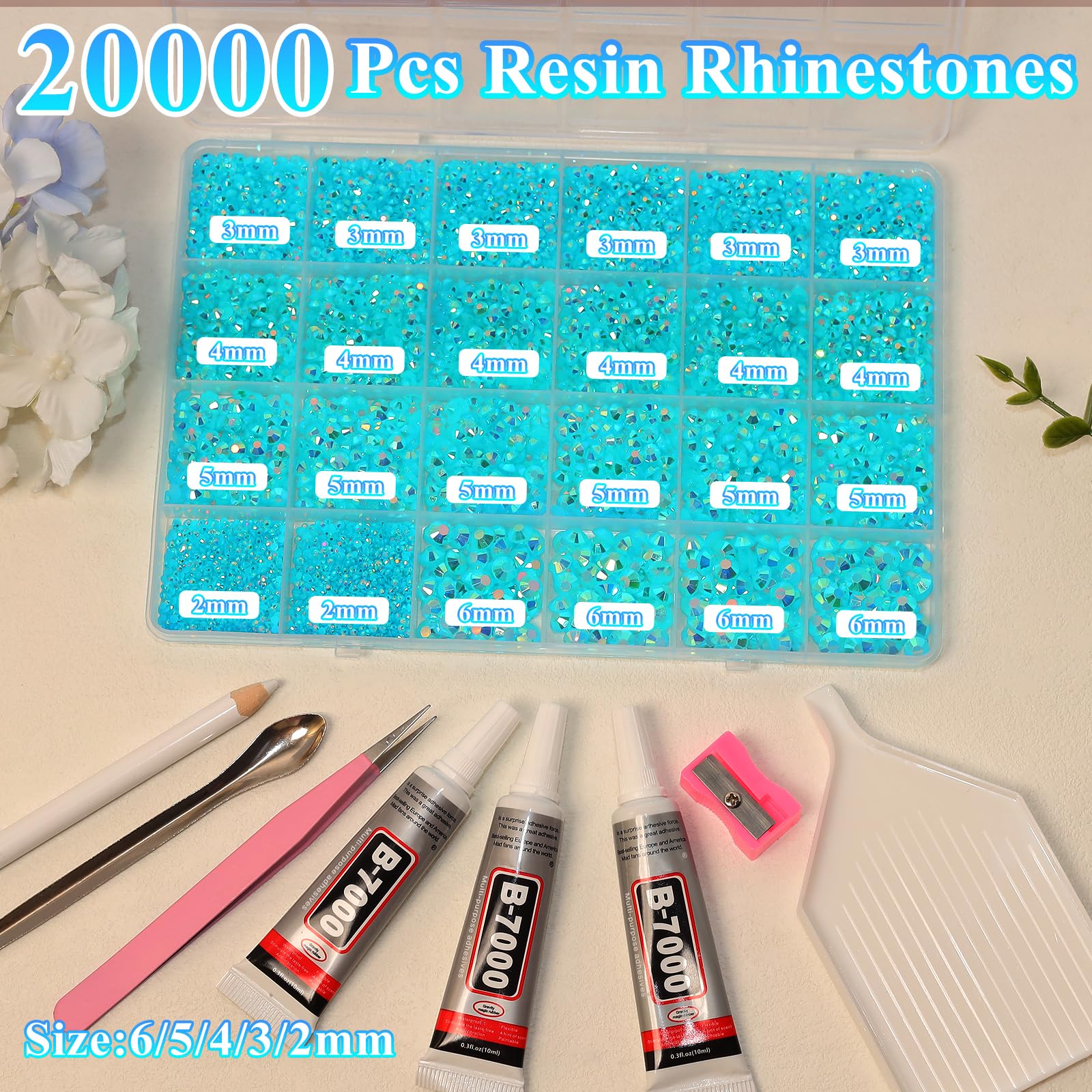 Tatiwoo 20,000 Pcs Blue AB Flatback Jelly Rhinestones Kit – Complete Bedazzling Set for Crafting
